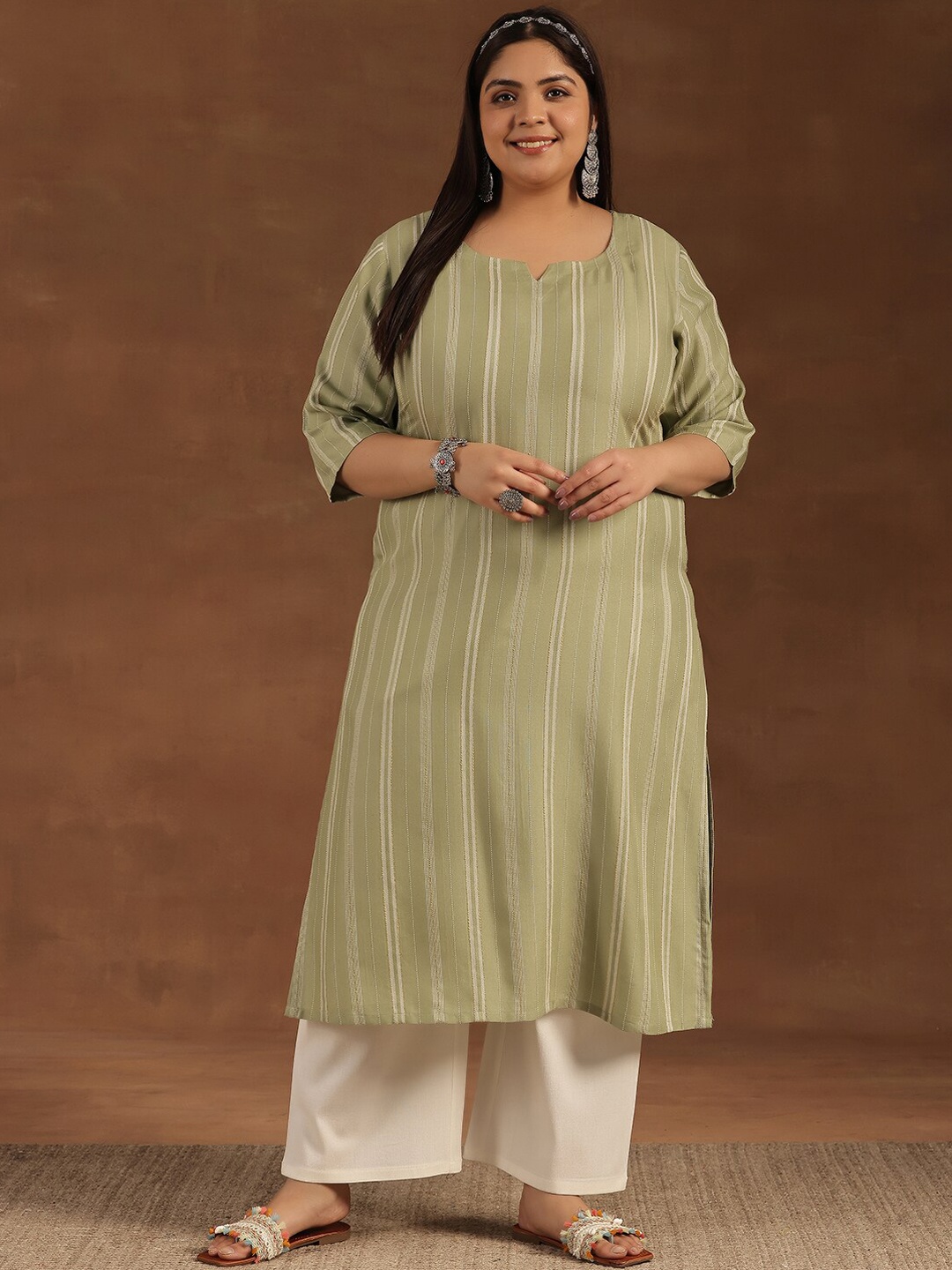 

EXTRA LOVE BY LIBAS Plus Size Striped Thread Work Straight Kurta, Green