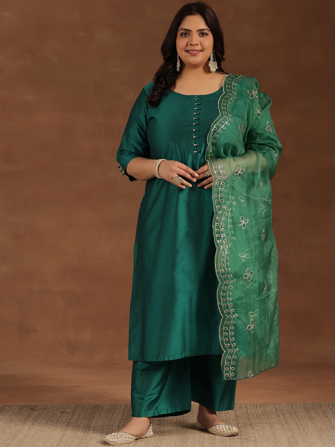 

EXTRA LOVE BY LIBAS Plus Size Floral Embroidered Sequinned Kurta ,Palazzos & Dupatta, Green