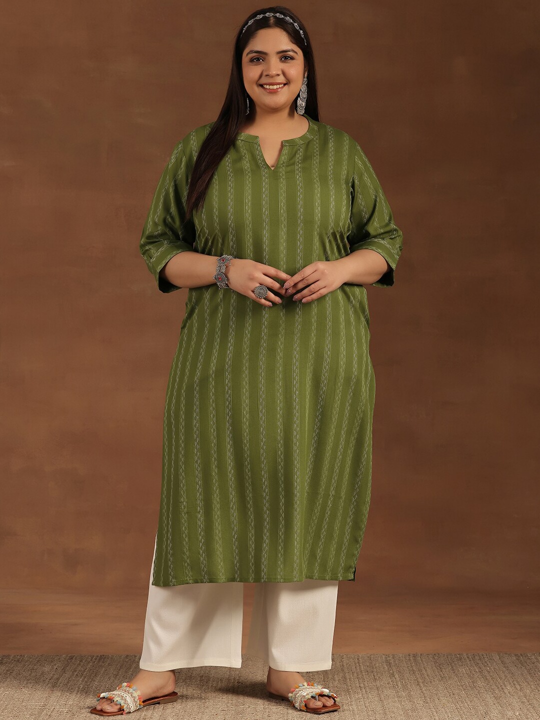 

EXTRA LOVE BY LIBAS Plus Size Striped V-Neck Thread Work Straight Kurta, Green