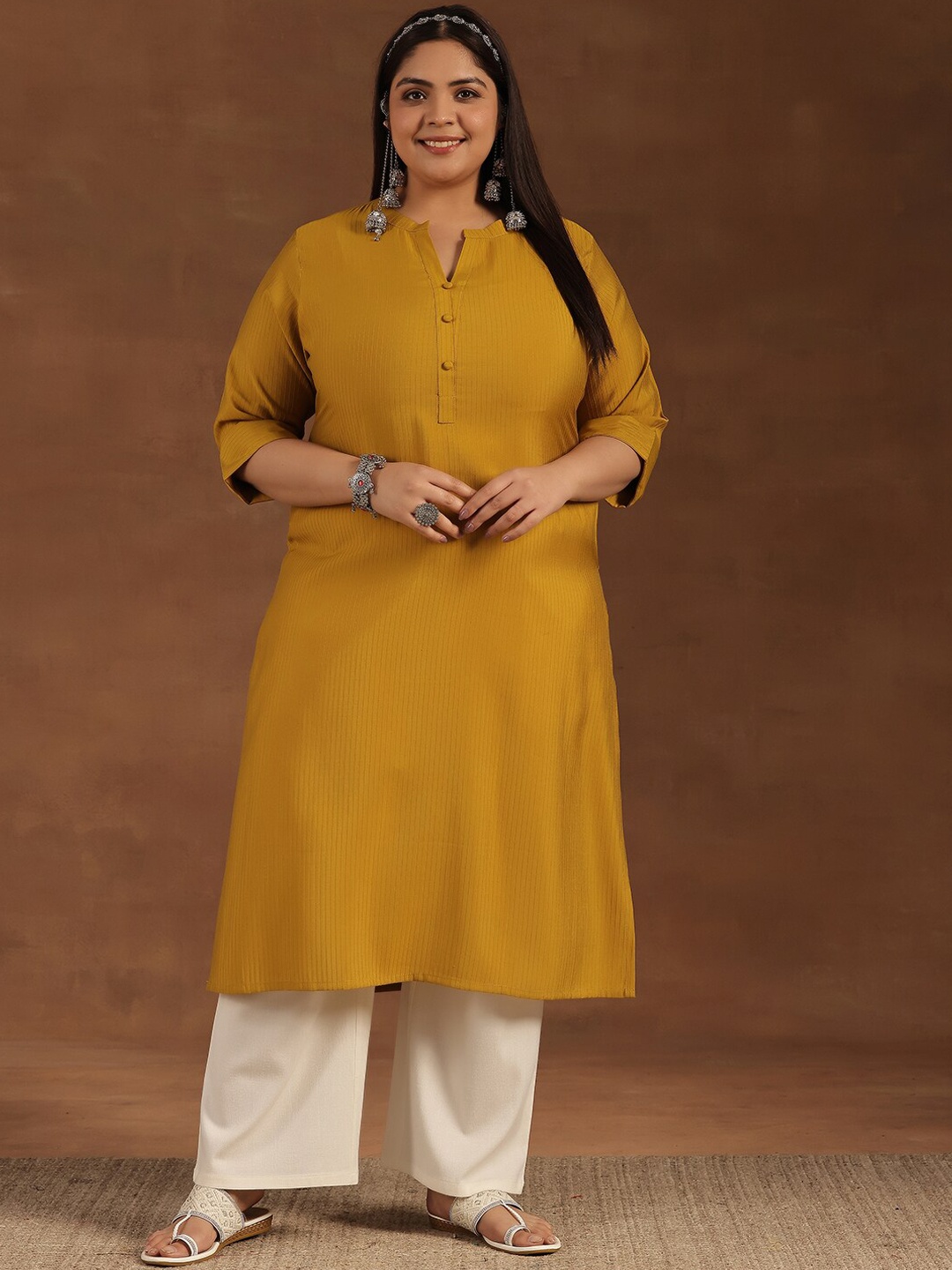 

EXTRA LOVE BY LIBAS Plus Size V-Neck Roll-Up Sleeves Straight Kurta, Mustard