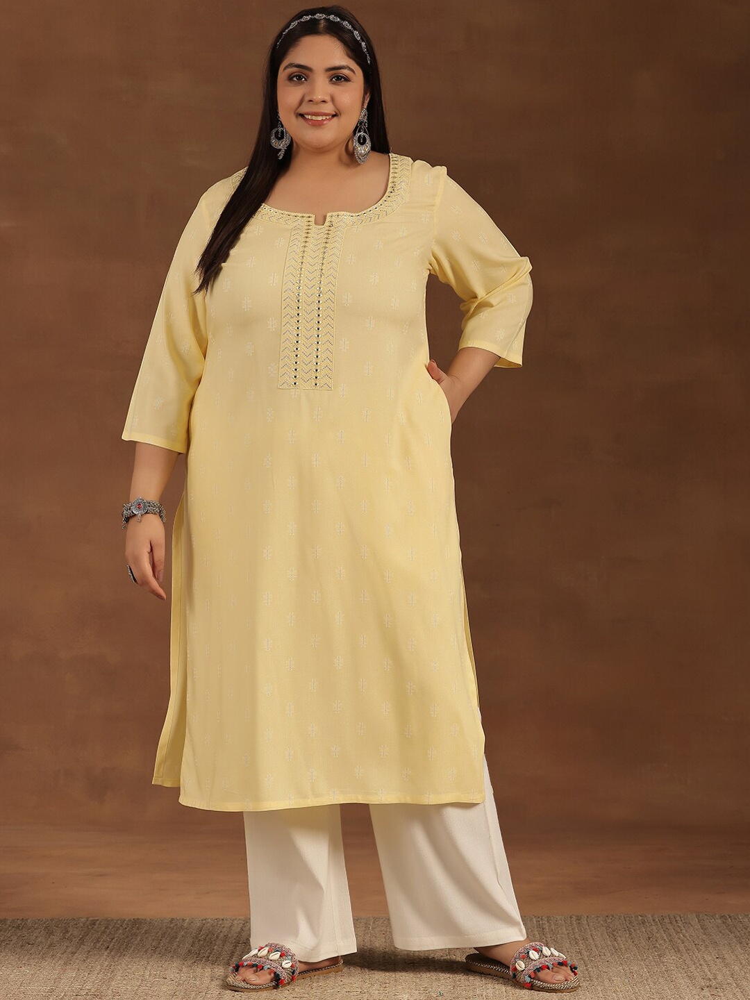 

EXTRA LOVE BY LIBAS Plus Size Ethnic Motifs Printed Cotton Straight Kurta, Yellow