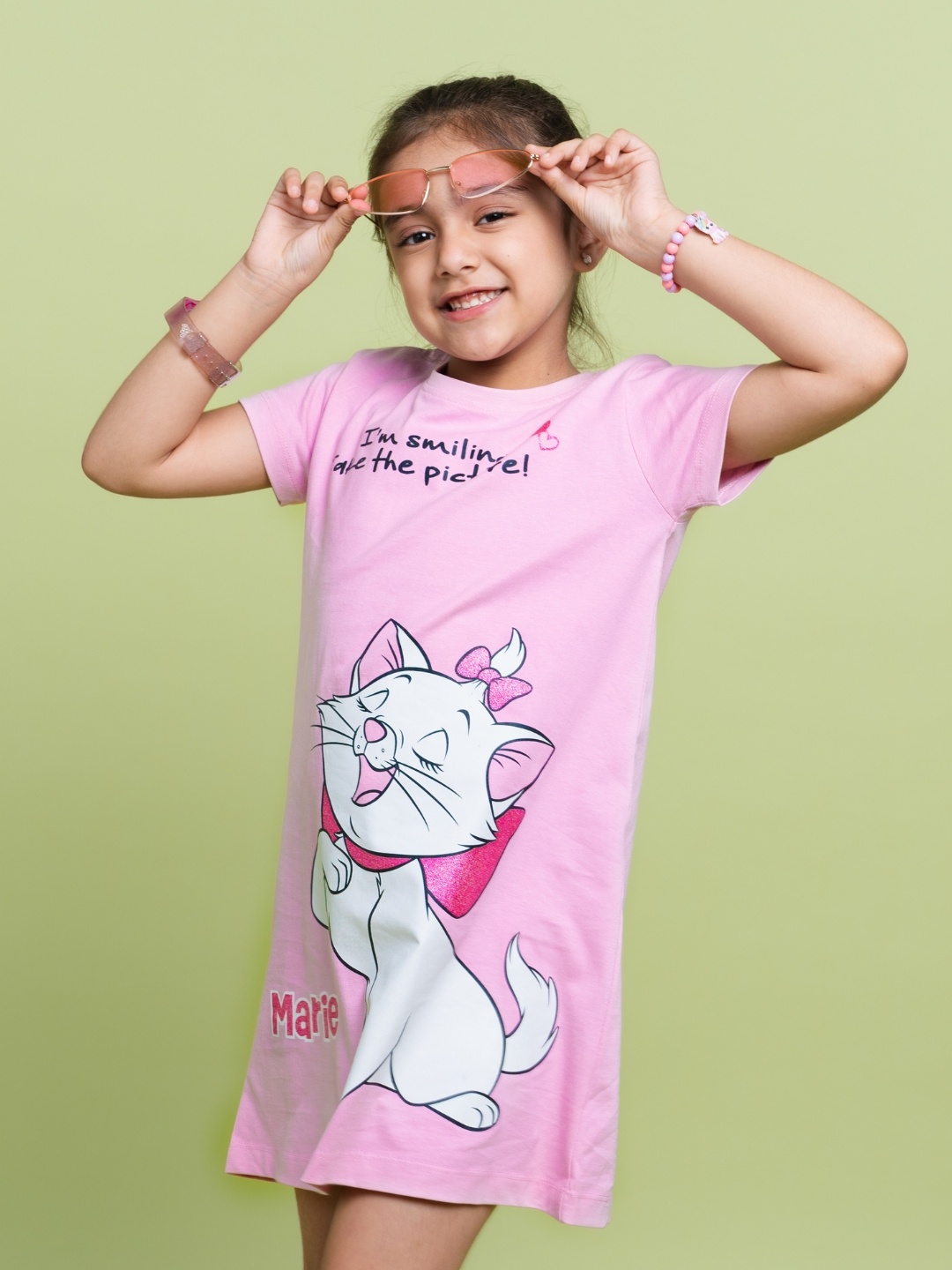 

Girls Marie Aristocats Printed Round Neck Cotton T-shirt Dress, Pink