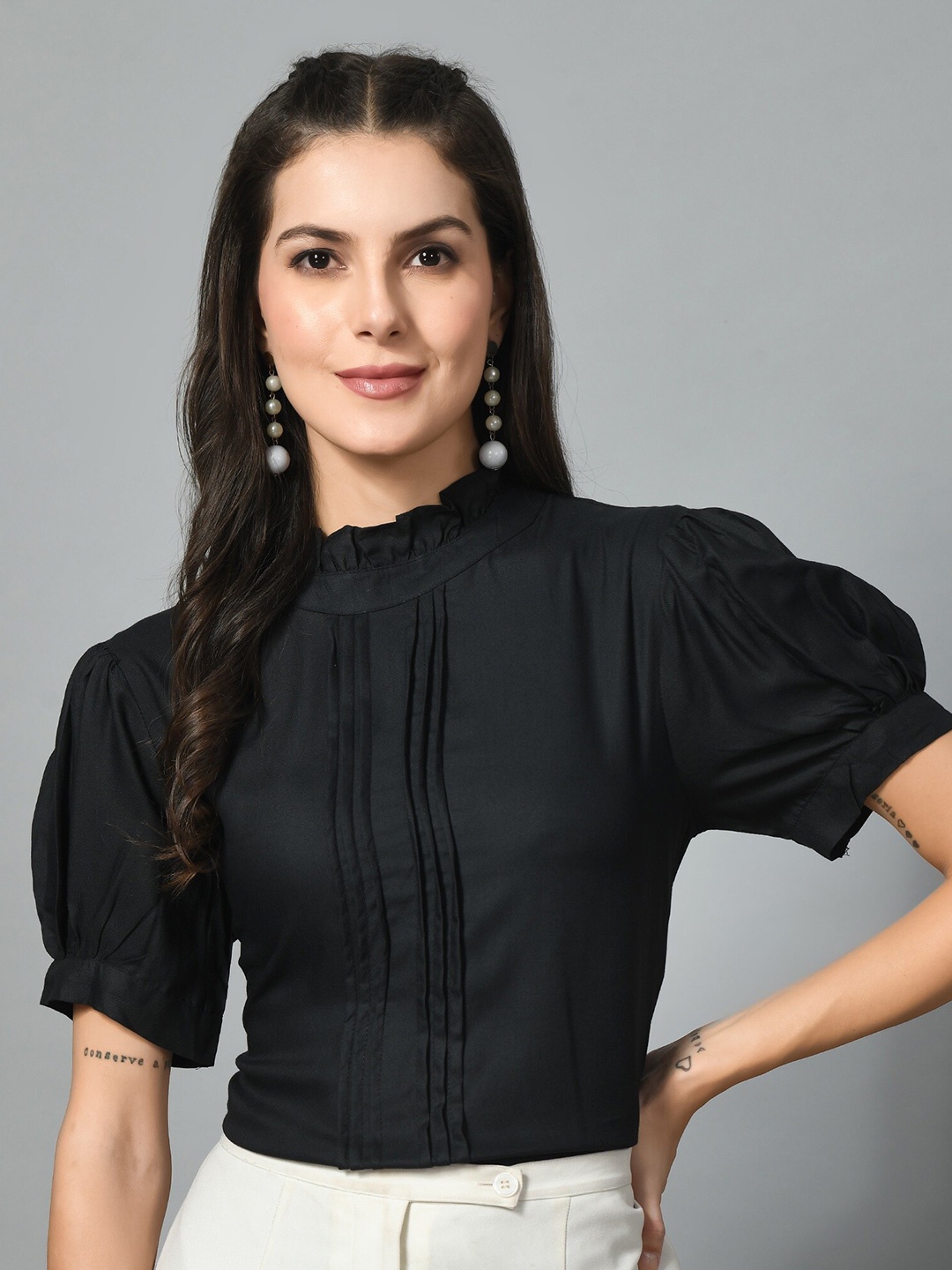

The Roadster Lifestyle Co. Black High Neck Puff Sleeves Pleated Top
