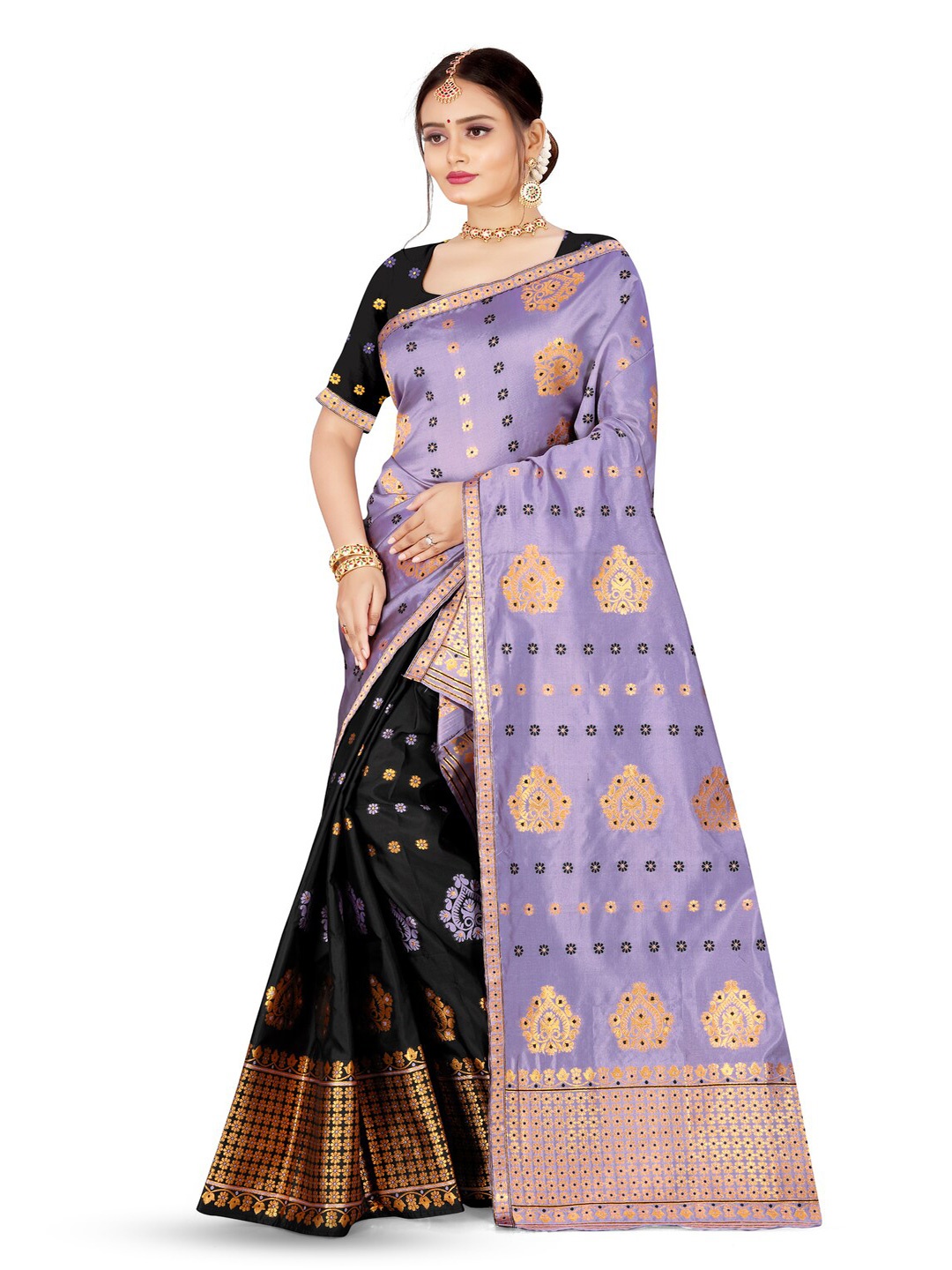 

Skiran's Assamese Mekhela Chador Woven Design Zari Art Silk Saree, Black