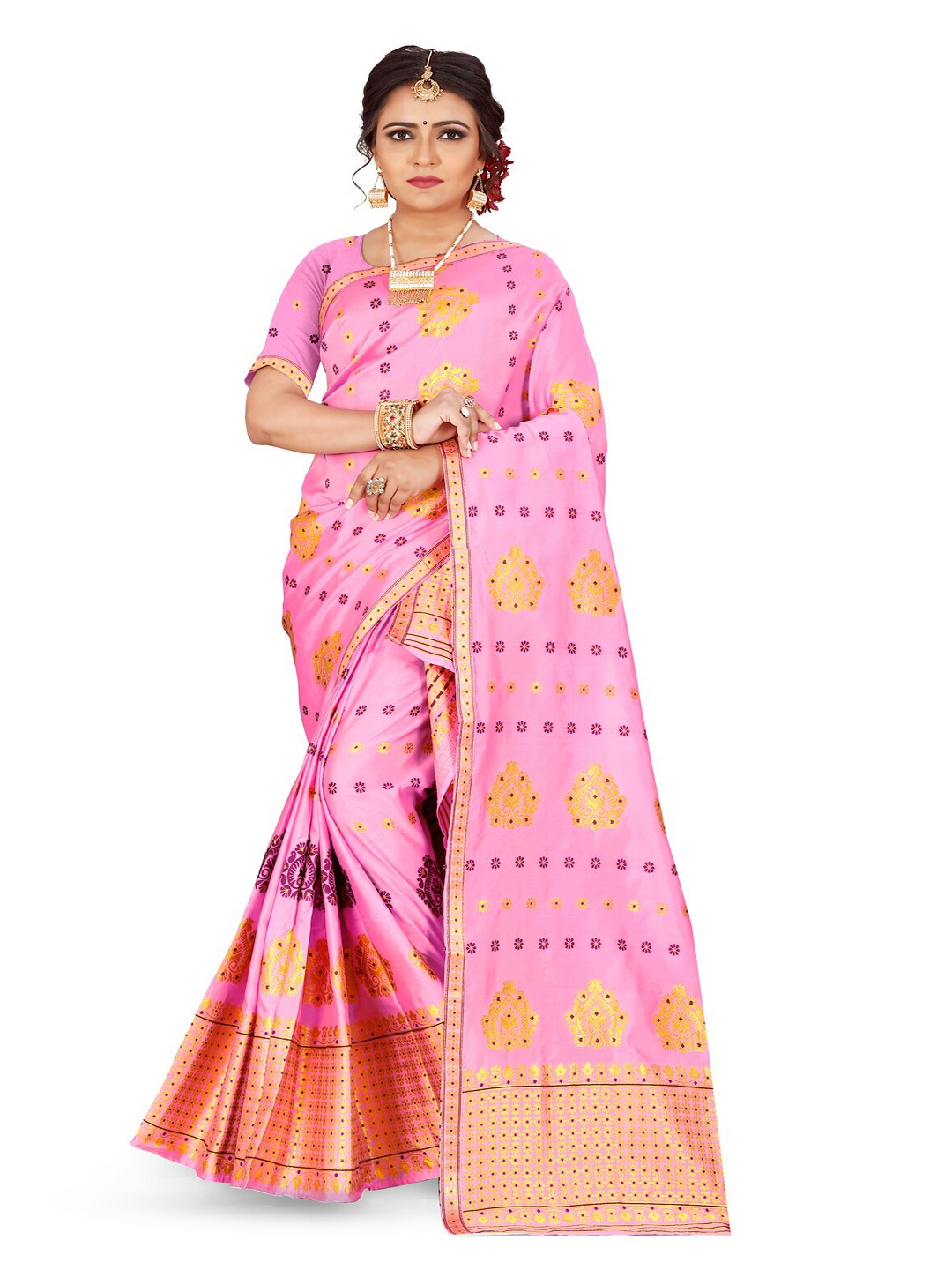 

Skiran's Assamese Mekhela Chador Woven Design Zari Art Silk Saree, Pink