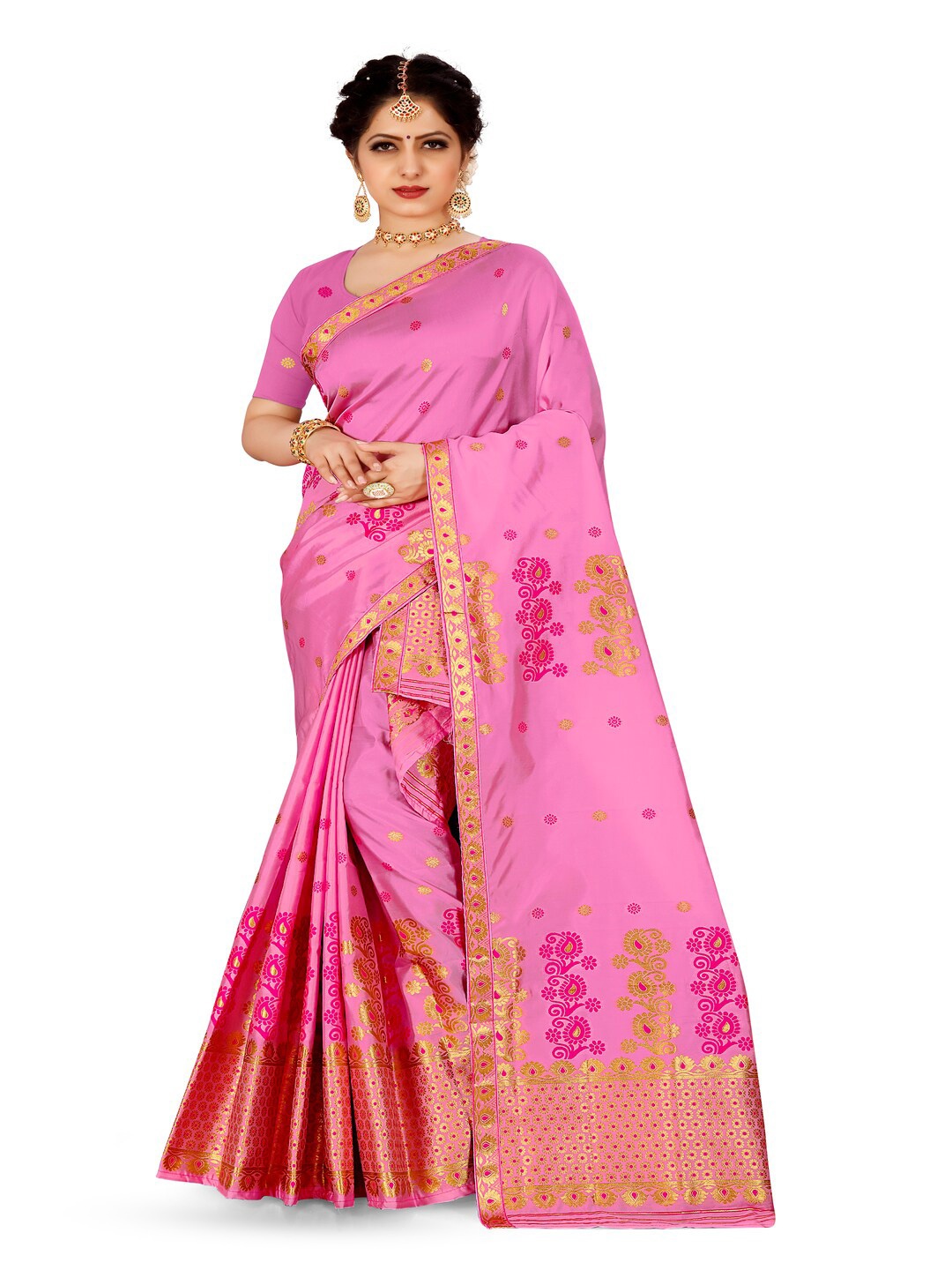 

Skiran's Assamese Mekhela Chador Woven Design Zari Art Silk Saree, Pink