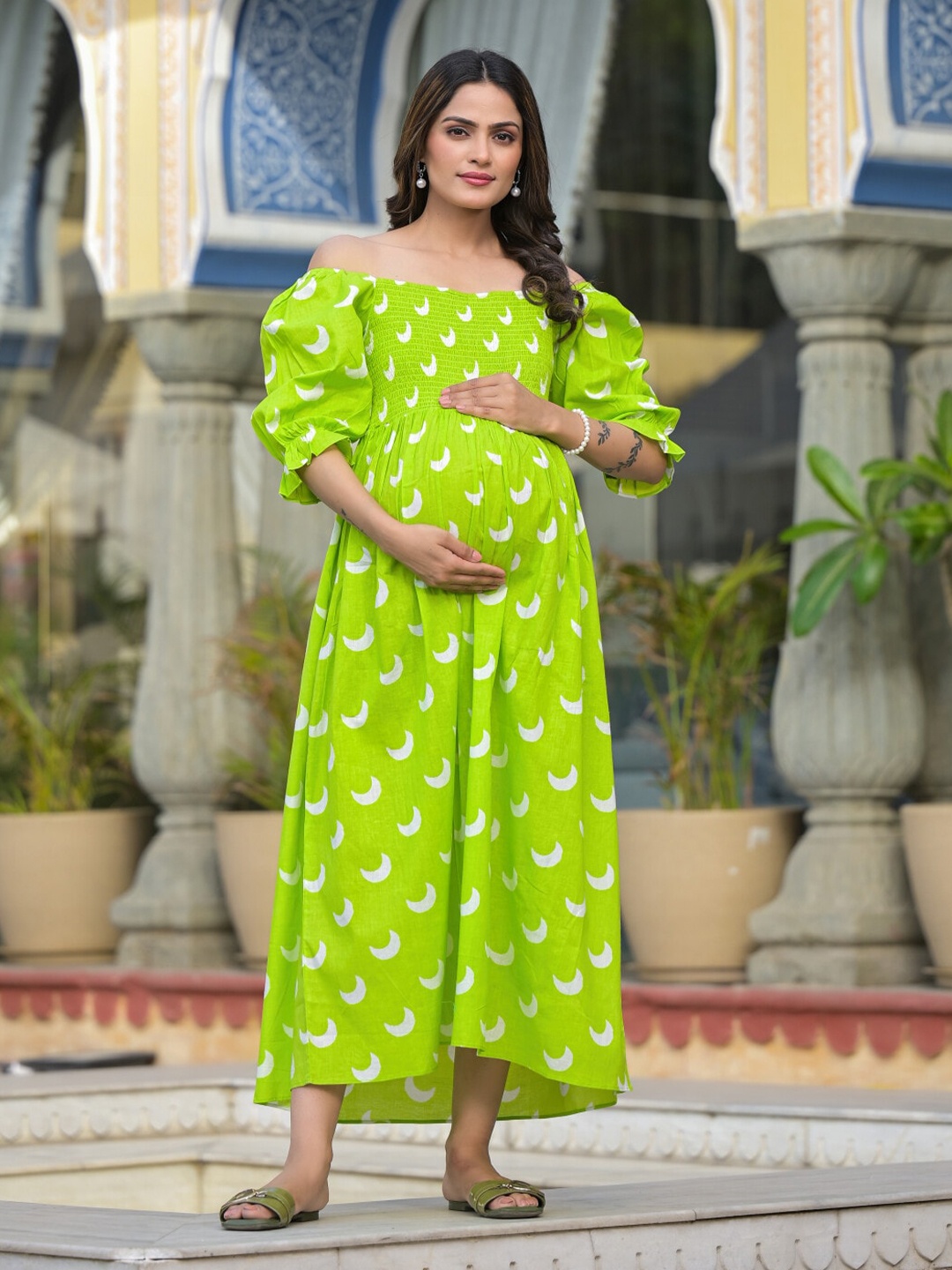 

Aujjessa Floral Printed Off-Shoulder Puff Sleeves Maternity Cotton A-Line Midi Dress, Lime green