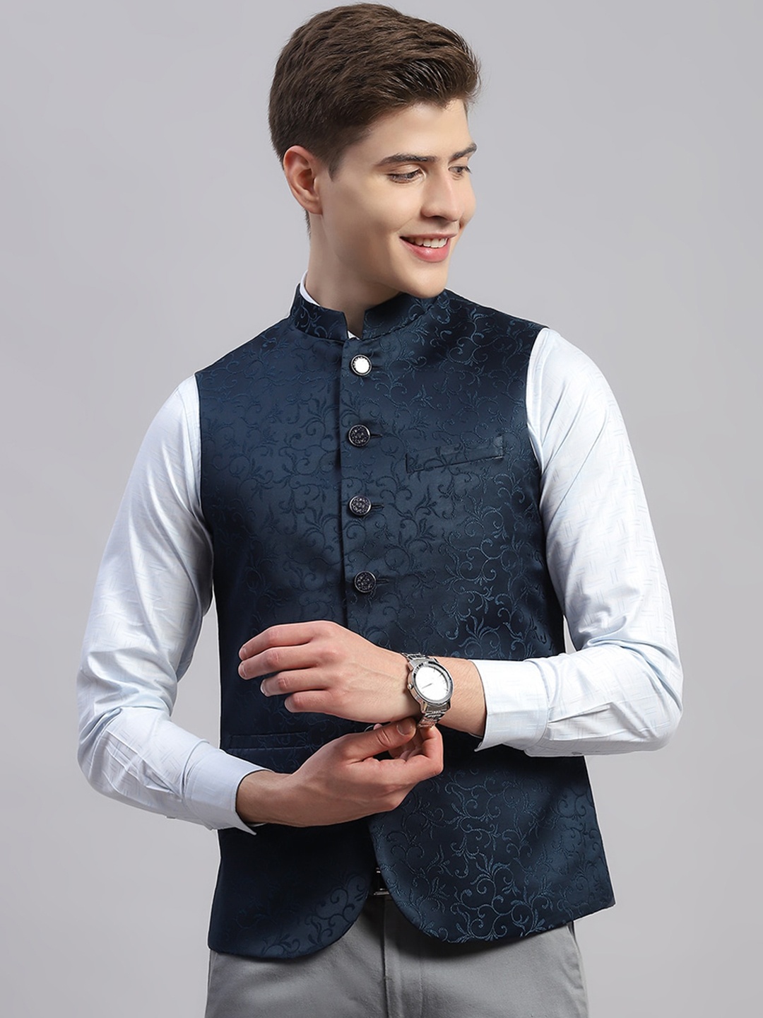 

Monte Carlo Embroidered Mandarin Collar Woven Nehru Jackets, Teal
