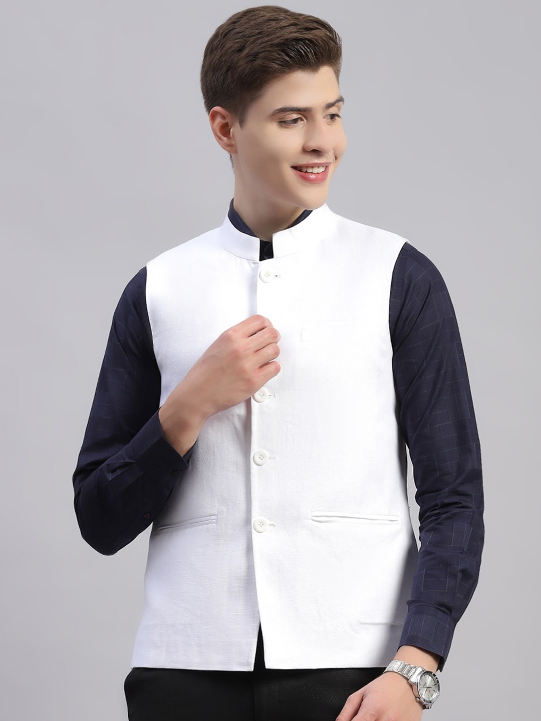 

Monte Carlo Mandarin Collar Nehru Jacket, White