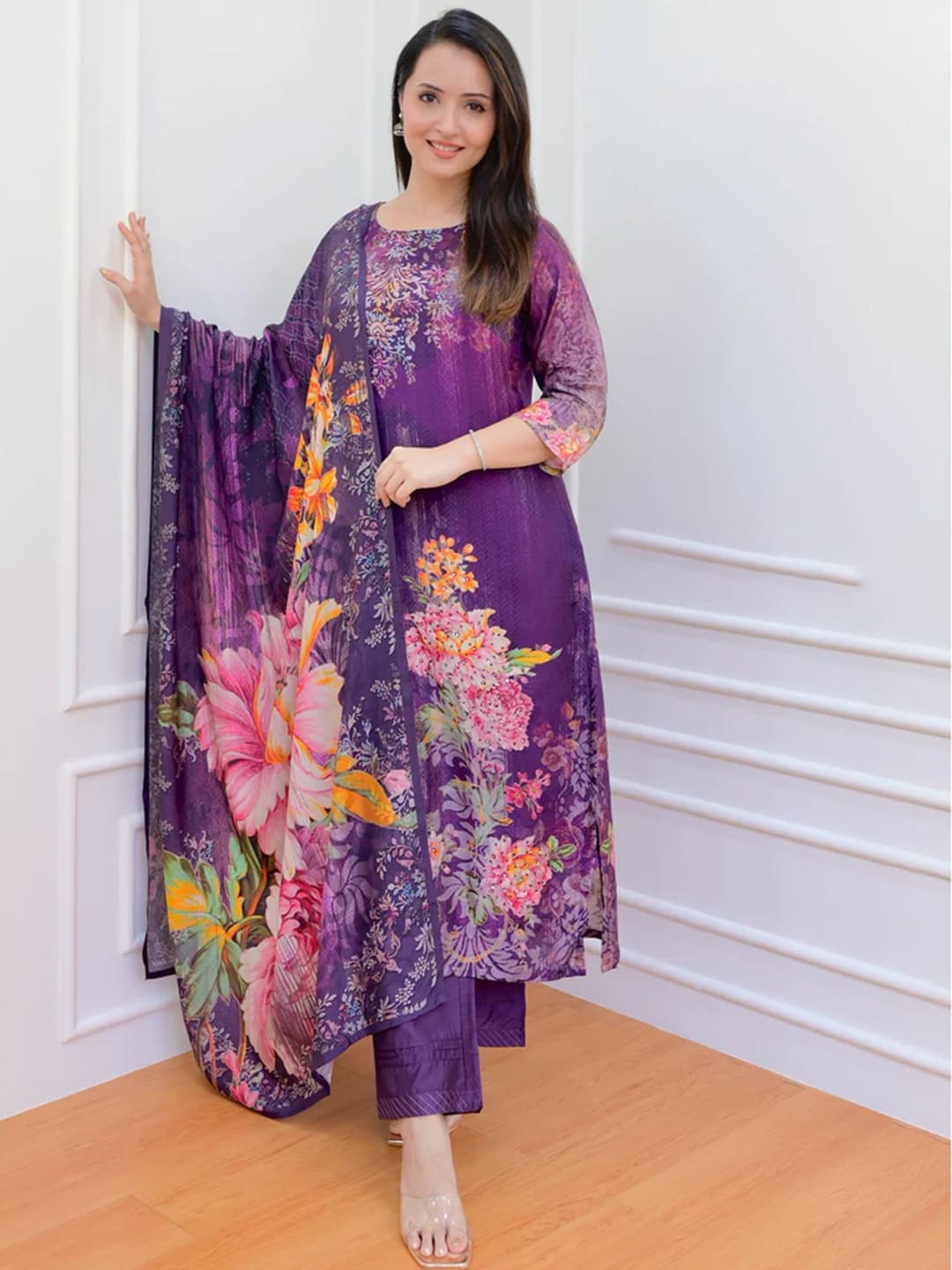 

KALINI Women Printed Regular Kurta with Trousers & With Dupatta, Purple