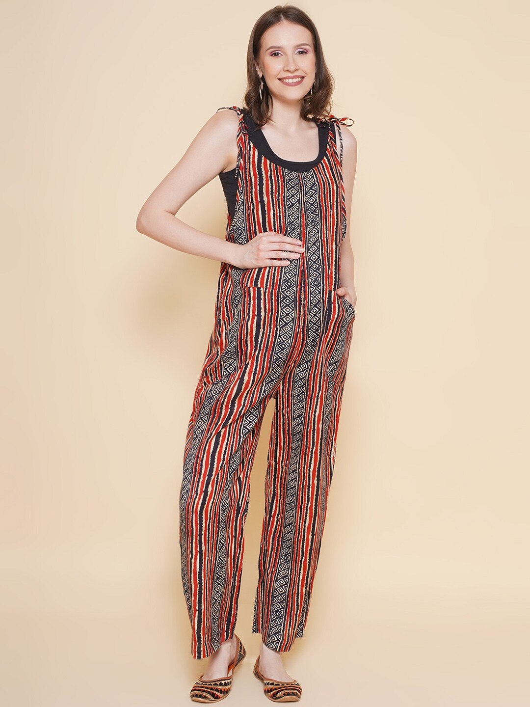 

Mine4Nine Striped Shoulder Straps Sleeveless Maternity Basic Jumpsuit, Red
