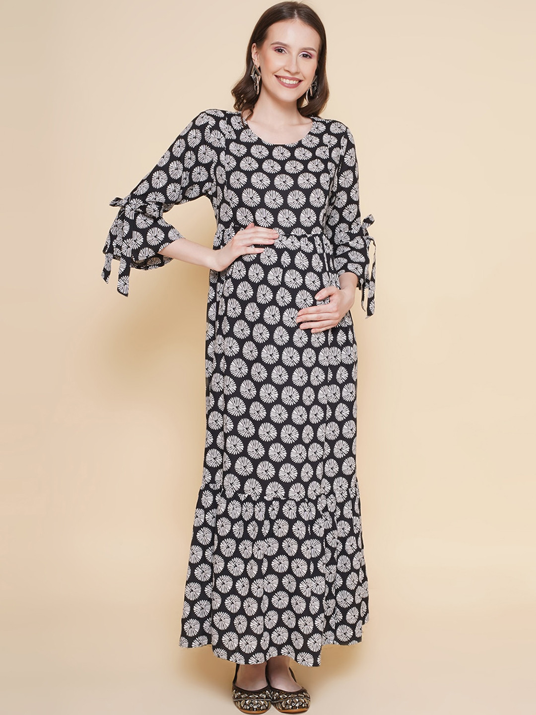 

Mine4Nine Floral Printed Round Neck Bell Sleeve Maternity Maxi Dress, Black
