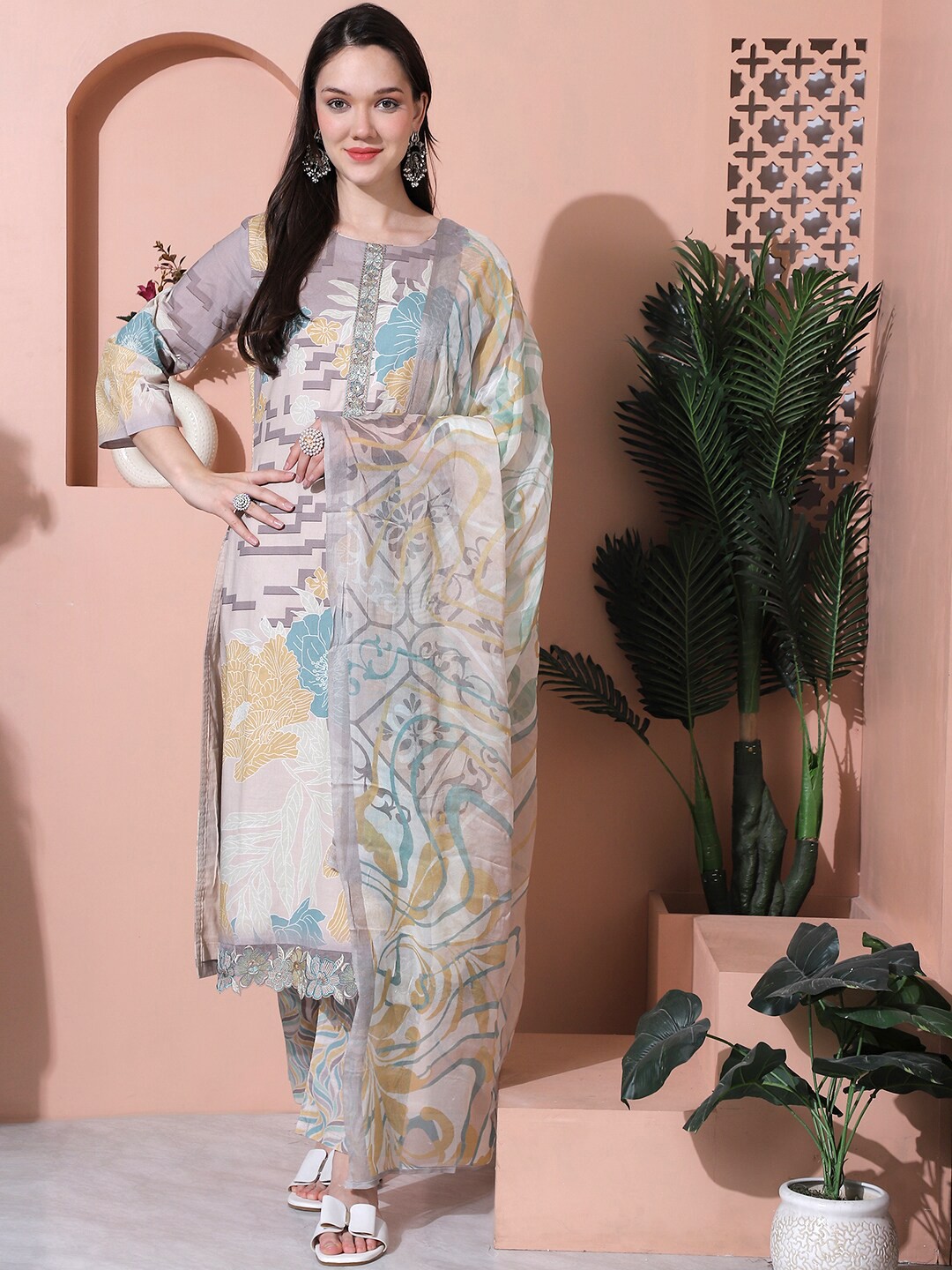 

Stylee LIFESTYLE Printed Pure Cotton Unstitched Dress Material, Grey