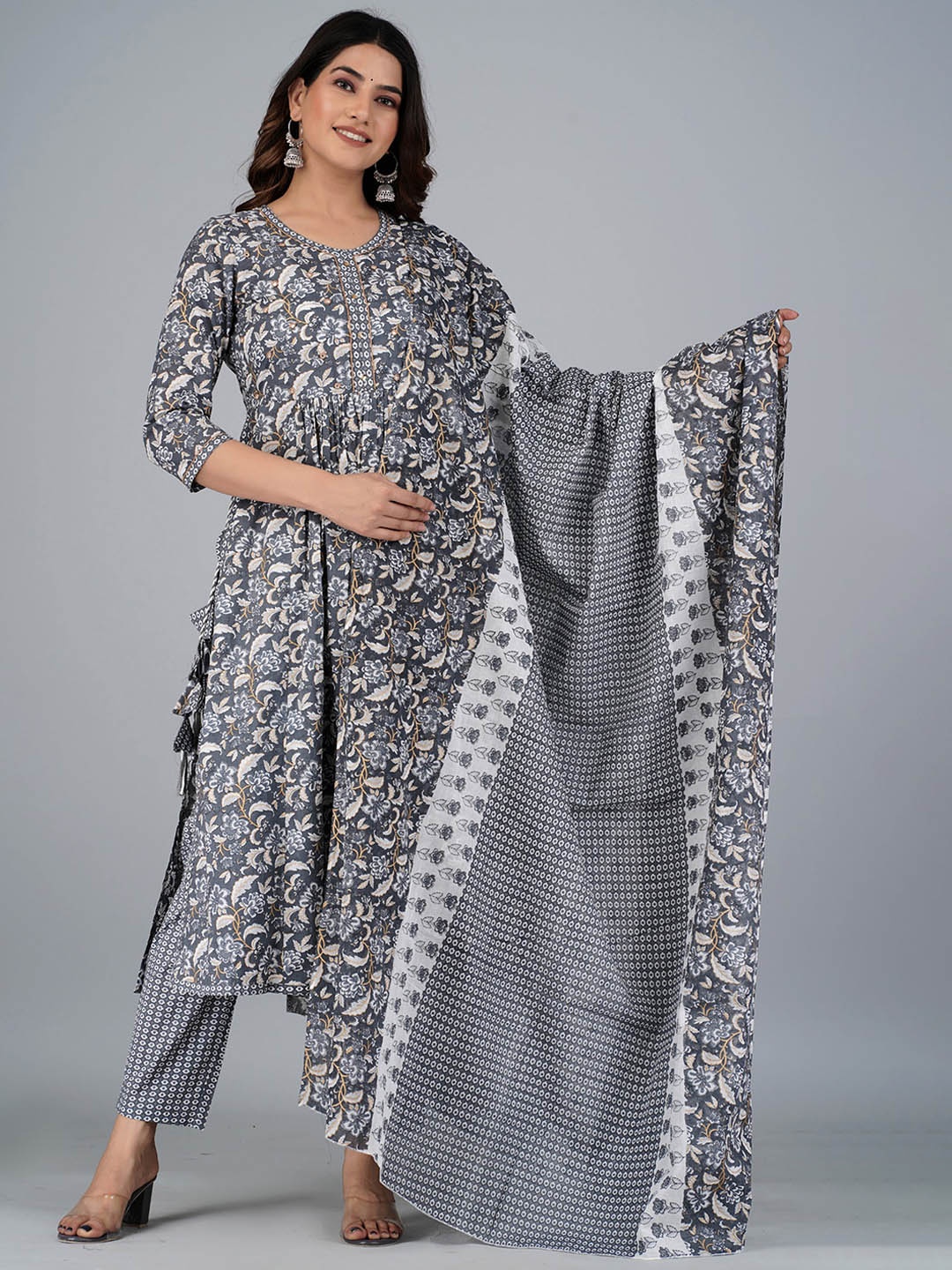 

KALINI Floral Printed Empire Pure Cotton A Line Kurta With Trousers & Dupatta, Grey