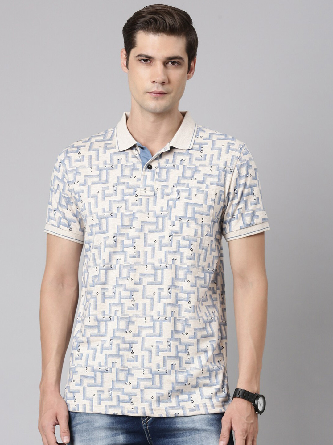 

Classic Polo Geometric Printed Polo Collar Cotton Slim Fit T-shirt, Beige
