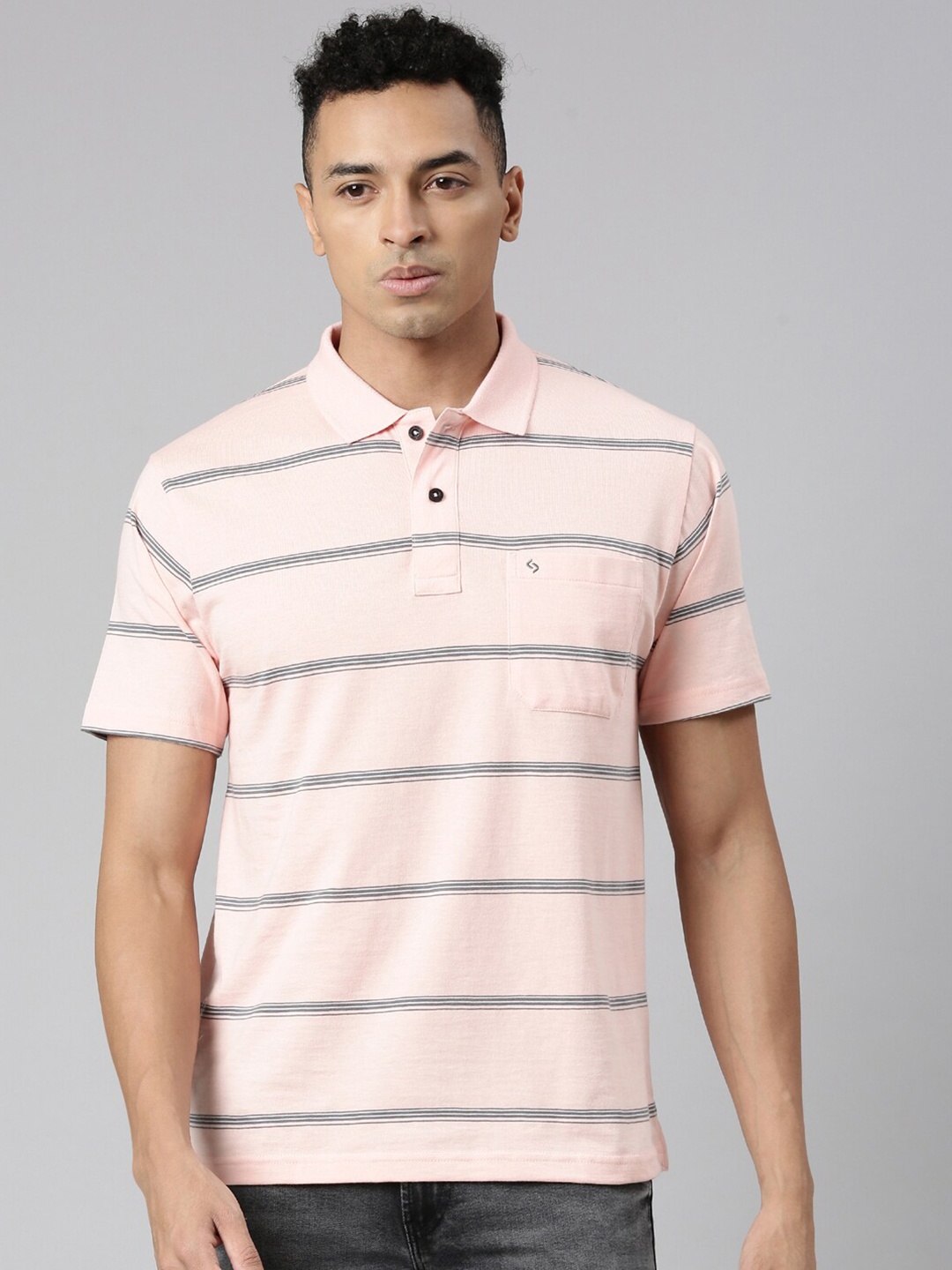 

Classic Polo Striped Polo Collar Cotton T-shirt, Peach
