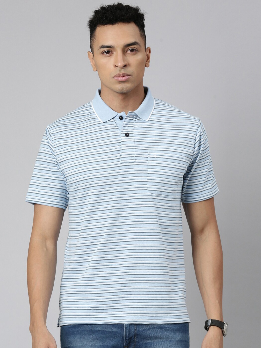 

Classic Polo Striped Polo Collar Short Sleeves Cotton Slim Fit T-shirt, Blue