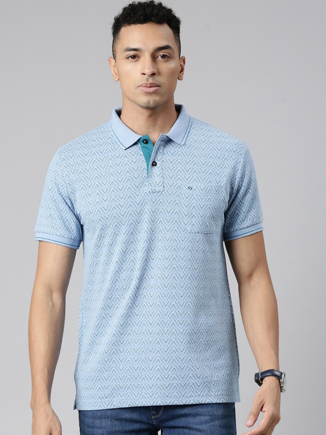 

Classic Polo Geometric Printed Polo Collar Short Sleeves Cotton Slim Fit T-shirt, Blue