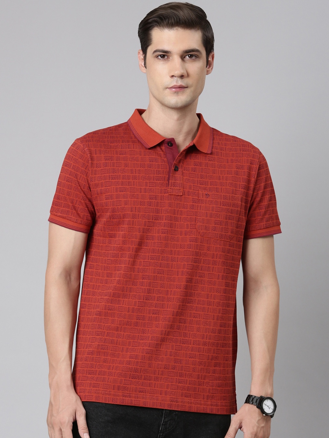 

Classic Polo Geometric Self Design Polo Collar Cotton Slim Fit T-shirt, Red