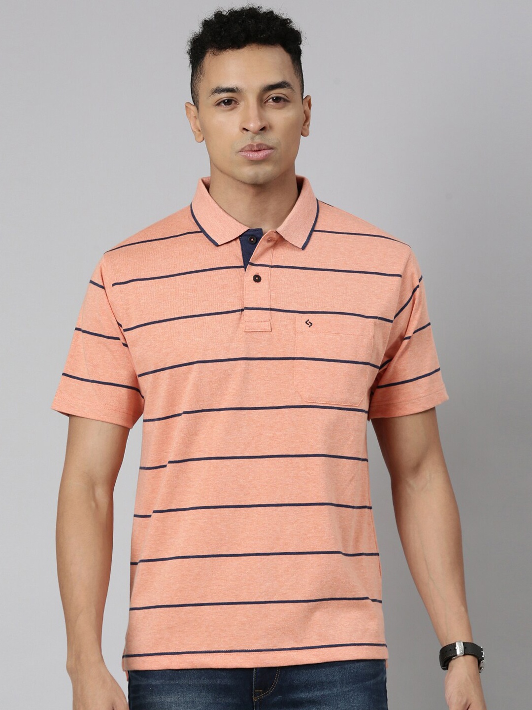 

Classic Polo Men Striped Polo Collar Pockets T-shirt, Orange