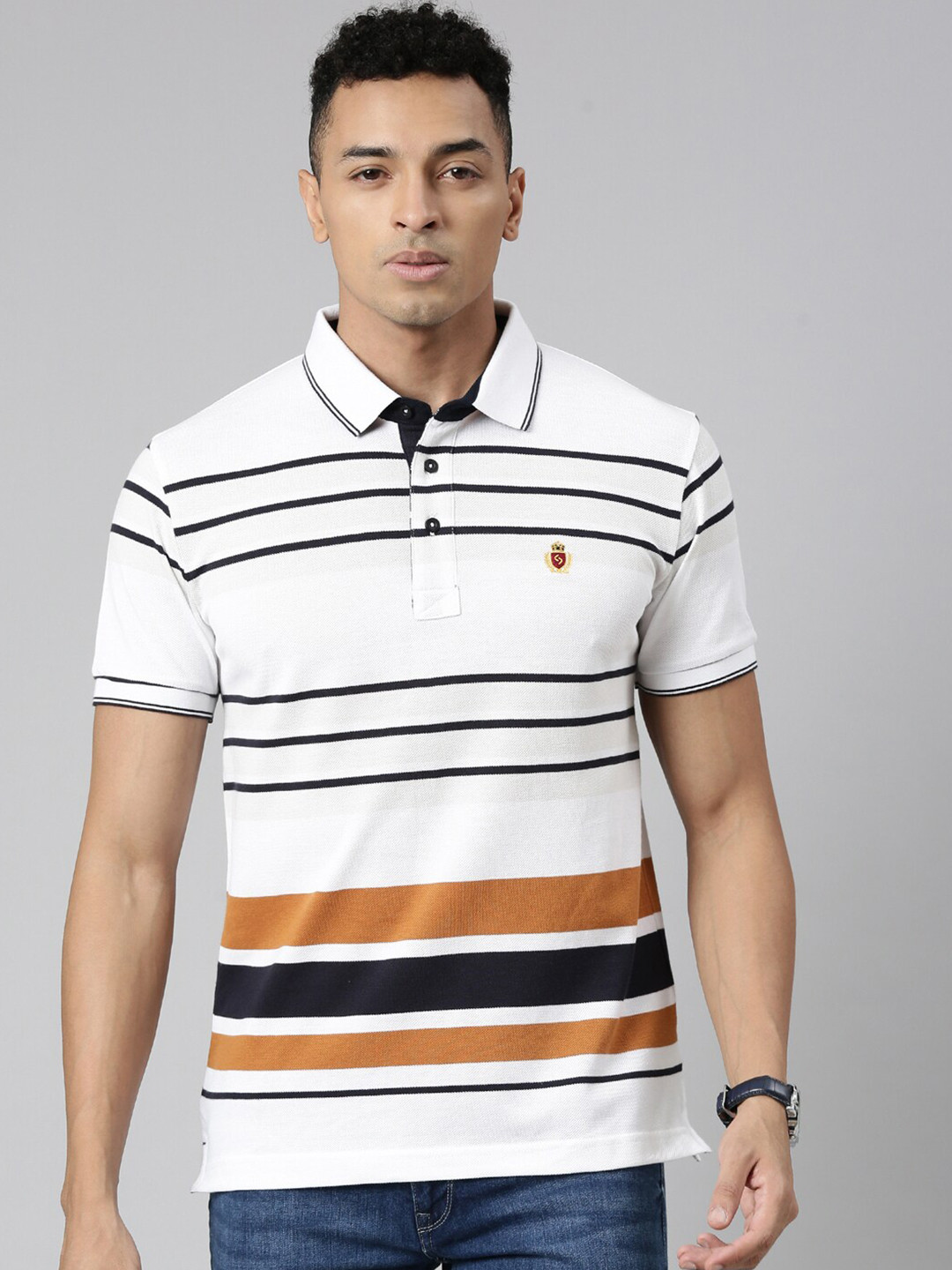 

Classic Polo Striped Polo Collar Short Sleeves Slim Fit T-shirt, White
