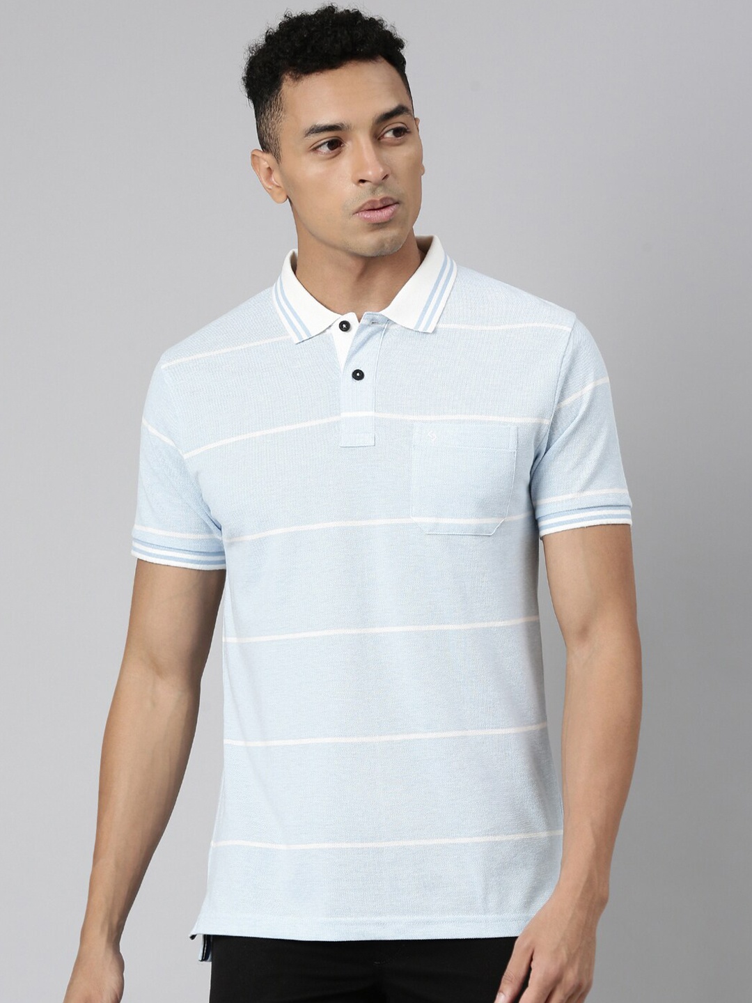 

Classic Polo Striped Polo Collar Short Sleeves Cotton Slim Fit T-shirt, Blue