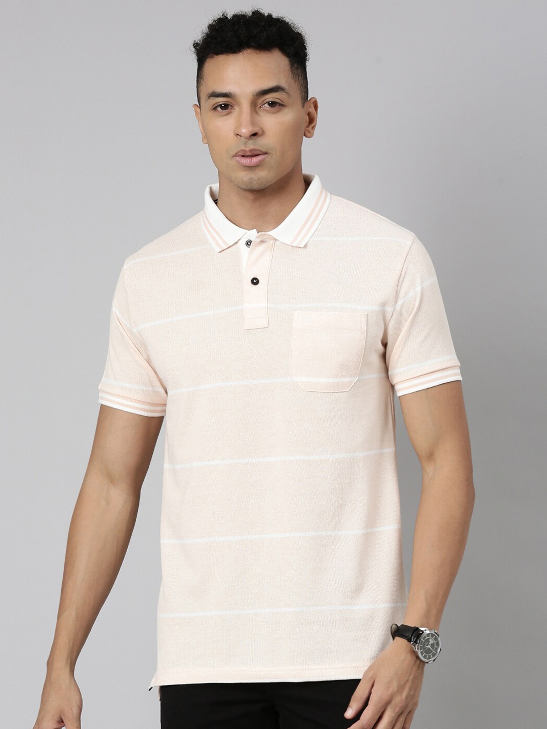 

Classic Polo Striped Polo Collar Short Sleeves Cotton Slim Fit T-shirt, Peach