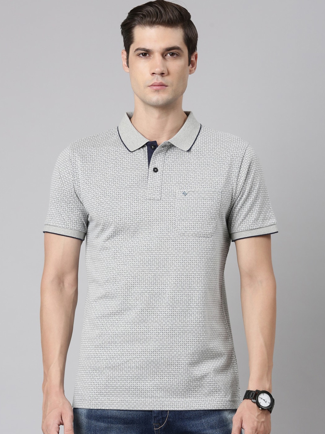 

Classic Polo Geometric Printed Polo Collar Short Sleeves Cotton Slim Fit T-shirt, Grey