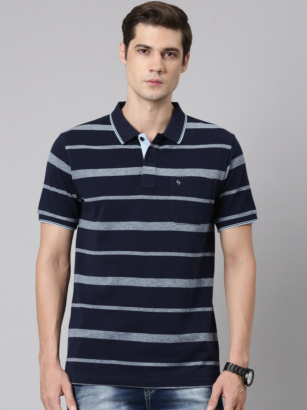 

Classic Polo Striped Polo Collar Short Sleeves Cotton Slim Fit T-shirt, Navy blue