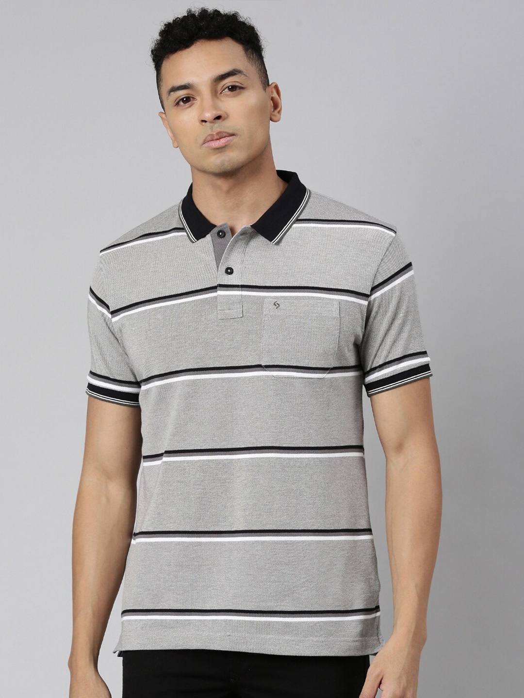 

Classic Polo Striped Polo Collar Short Sleeves Cotton Slim Fit T-shirt, Grey