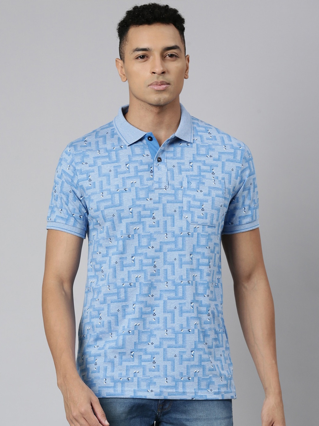 

Classic Polo Geometric Printed Polo Collar Short Sleeves Cotton Slim Fit T-shirt, Blue