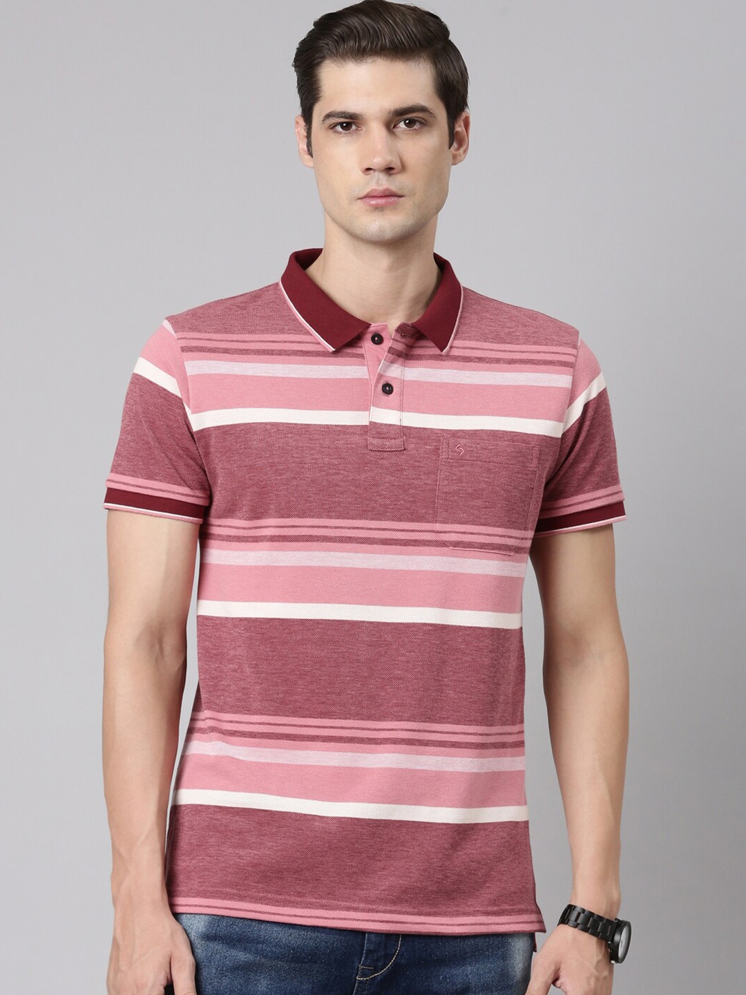 

Classic Polo Striped Polo Collar Short Sleeves Cotton Slim Fit T-shirt, Maroon