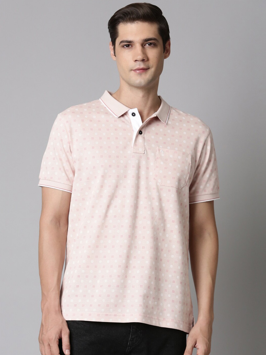 

Classic Polo Geometric Printed Polo Collar Short Sleeves Cotton Slim Fit T-shirt, Pink