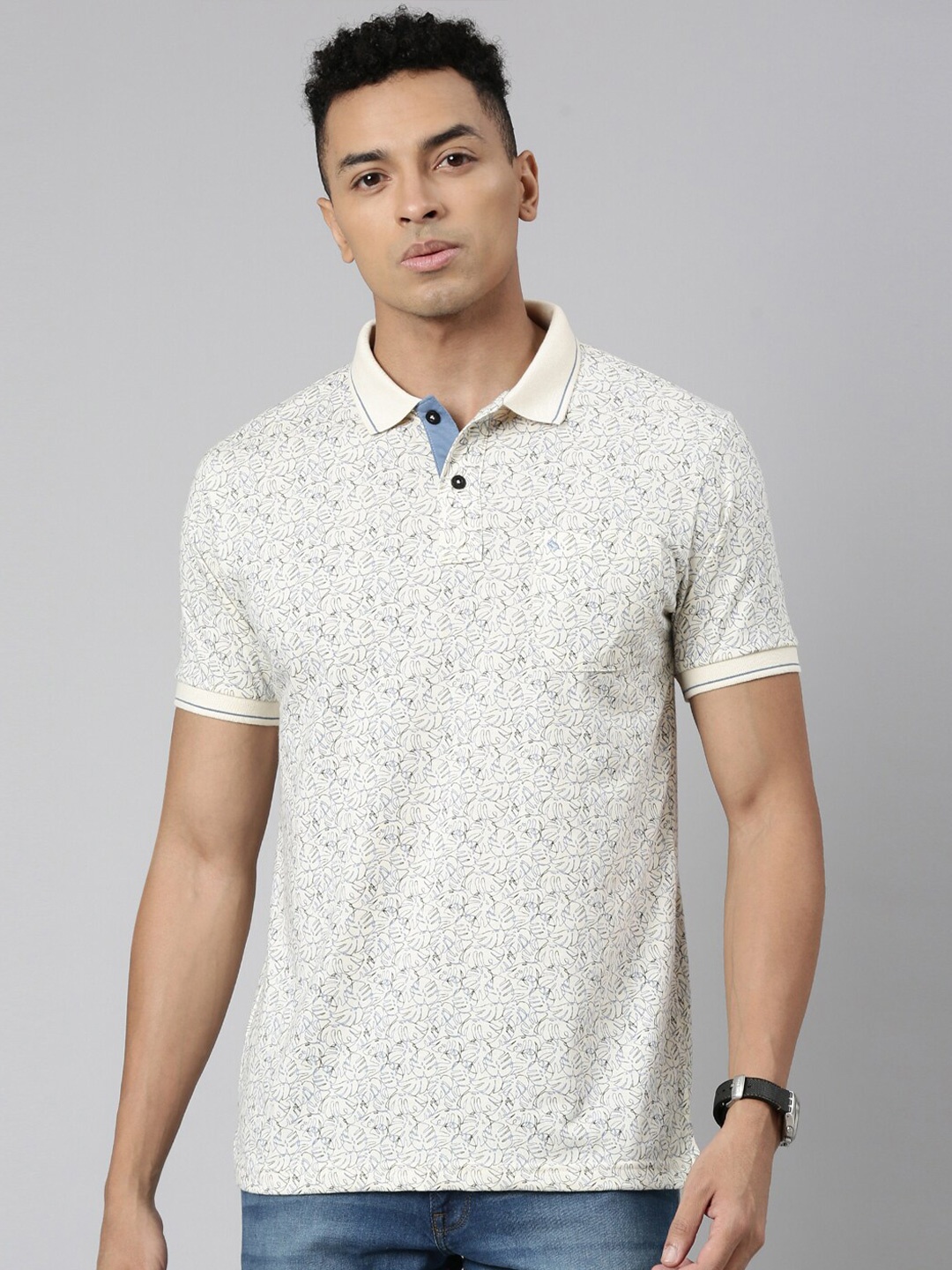 

Classic Polo Floral Printed Polo Collar Short Sleeves Cotton Slim Fit T-shirt, Beige