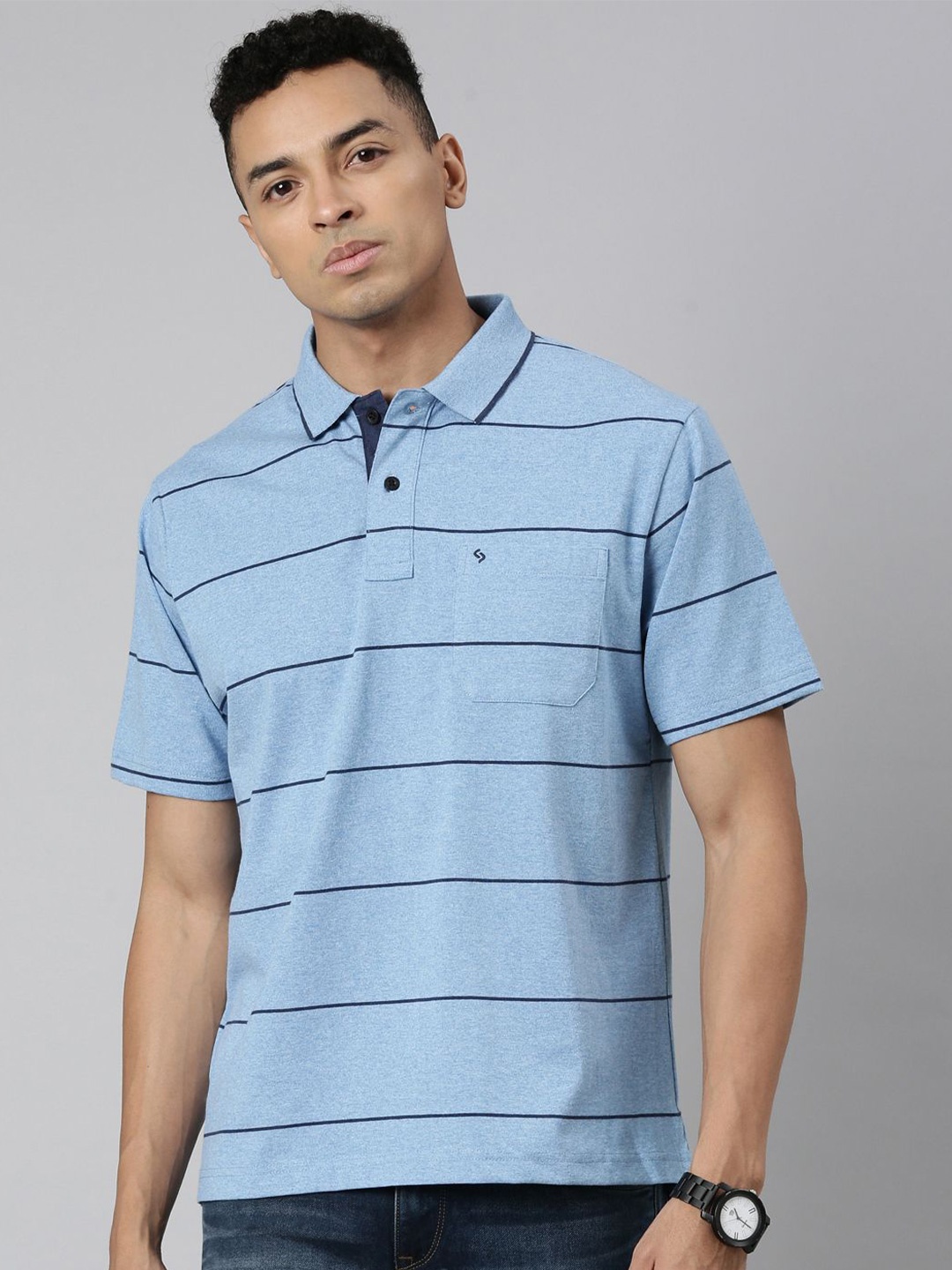 

Classic Polo Striped Polo Collar Short Sleeves Cotton Slim Fit T-shirt, Navy blue