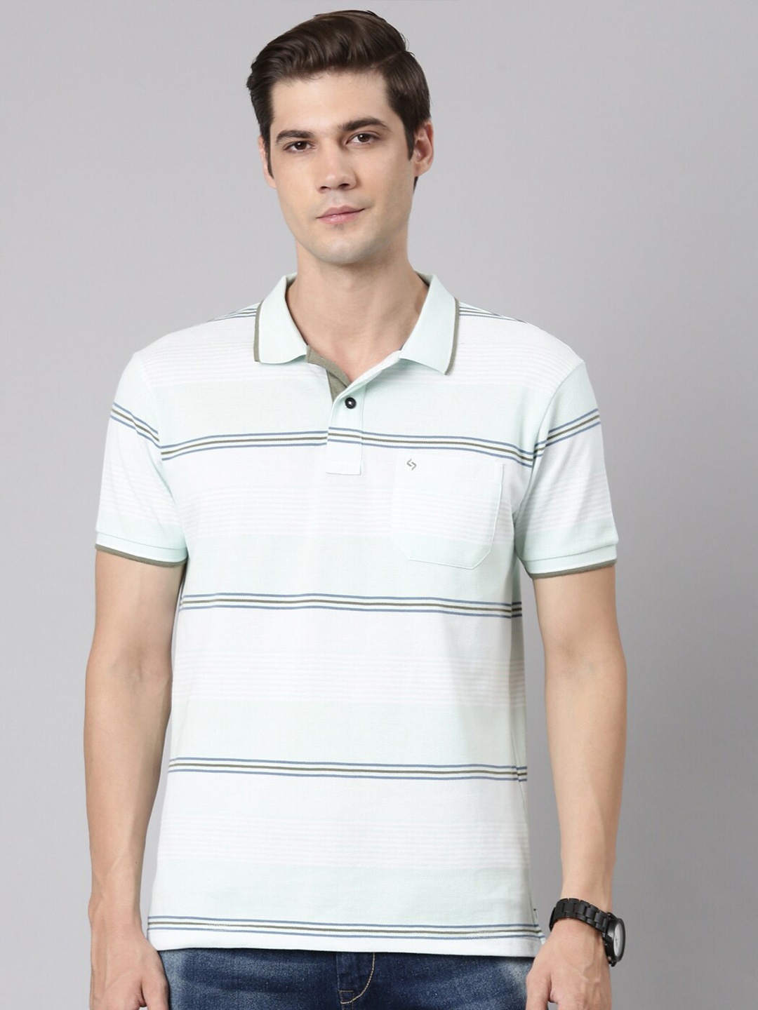 

Classic Polo Striped Polo Collar Short Sleeves Cotton Slim Fit T-shirt, Green