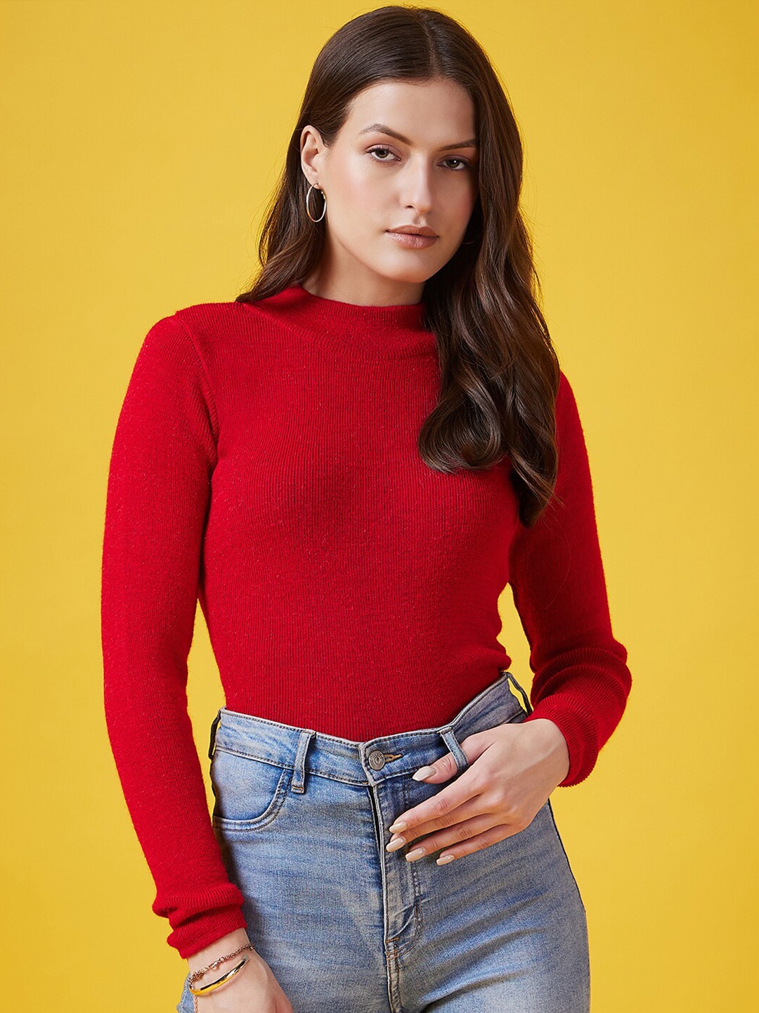 

CLAPTON Turtle Neck Long Sleeves Woollen Pullover Sweater, Red
