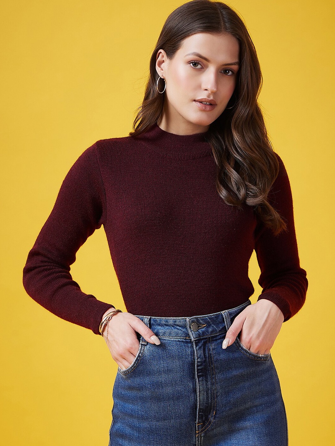 

CLAPTON Turtle Neck Cable Knit Woollen Pullover, Maroon