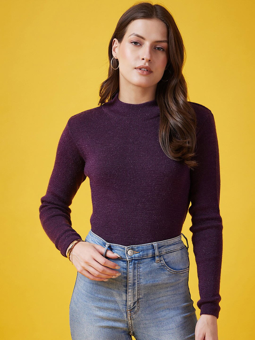 

CLAPTON Turtle Neck Long Sleeves Cable Knit Woollen Pullover Sweater, Purple
