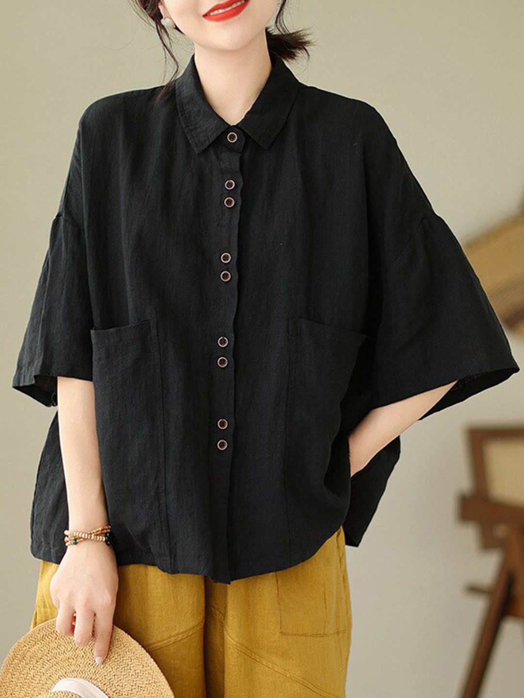 

StyleCast Black Shirt Collar Drop Shoulder Cotton Casual Shirt