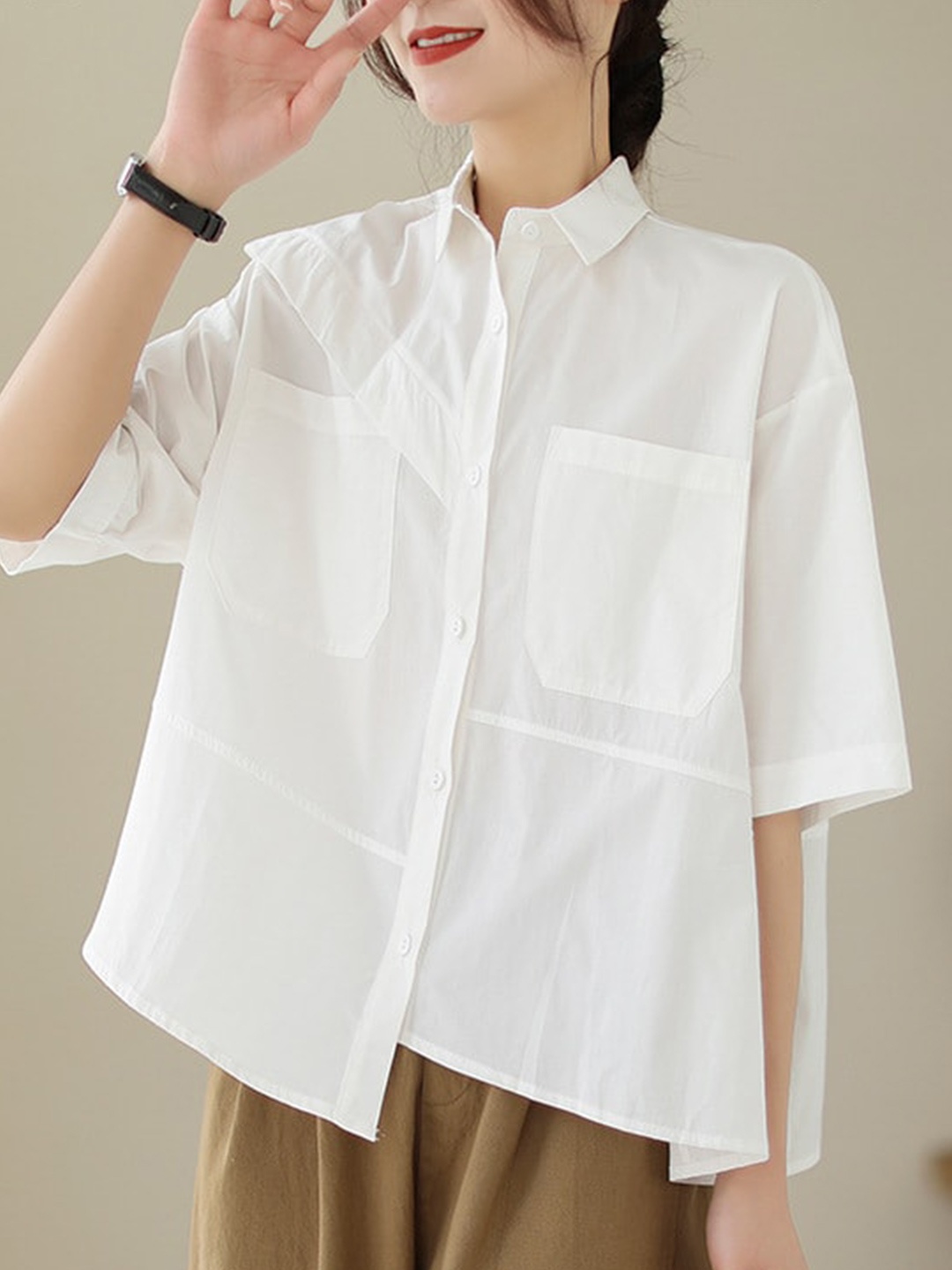 

StyleCast White Spread Collar Drop-Shoulder Sleeves Cotton Shirt