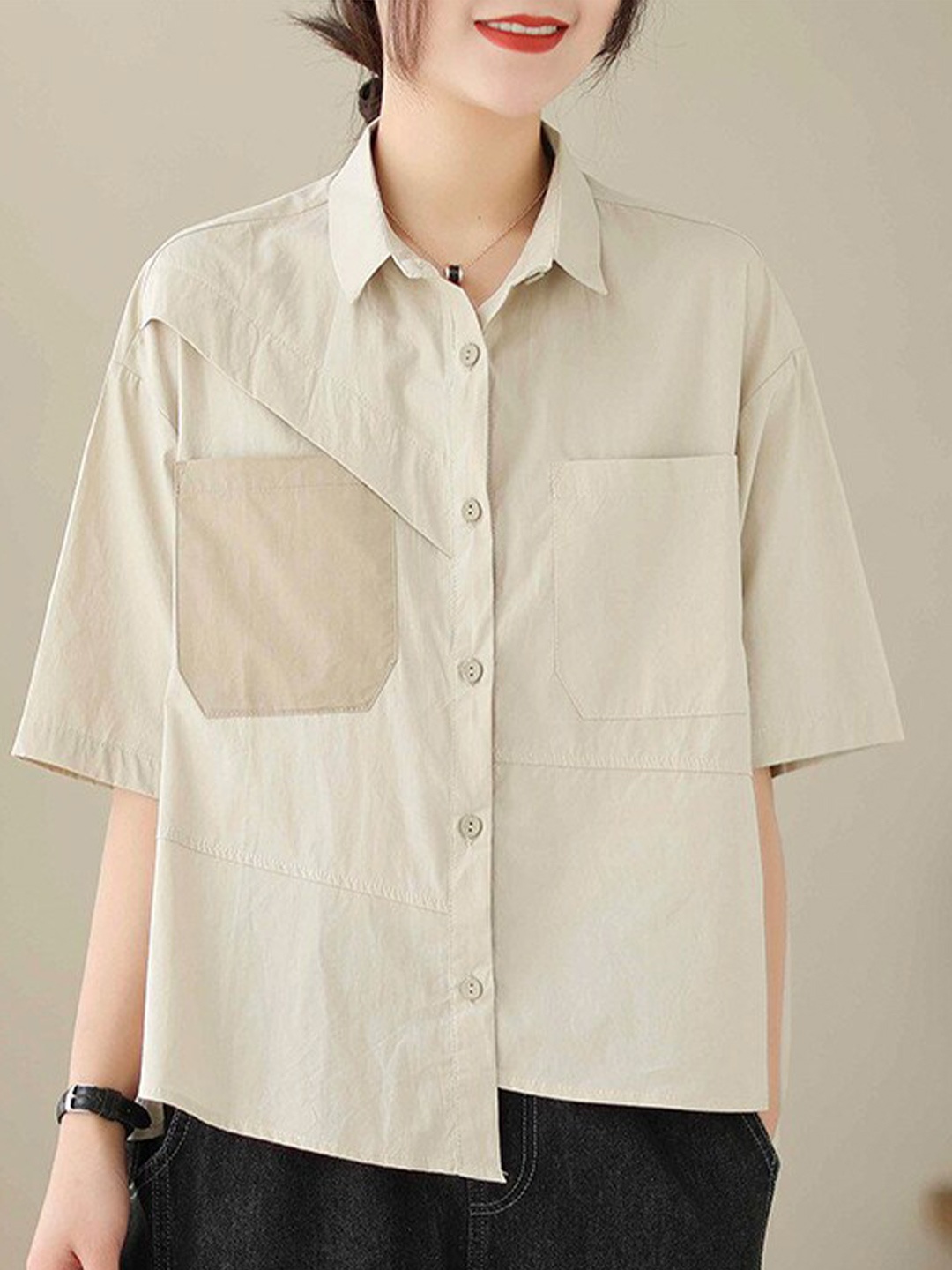 

StyleCast Beige Shirt Collar Drop Shoulder Cotton Casual Shirt