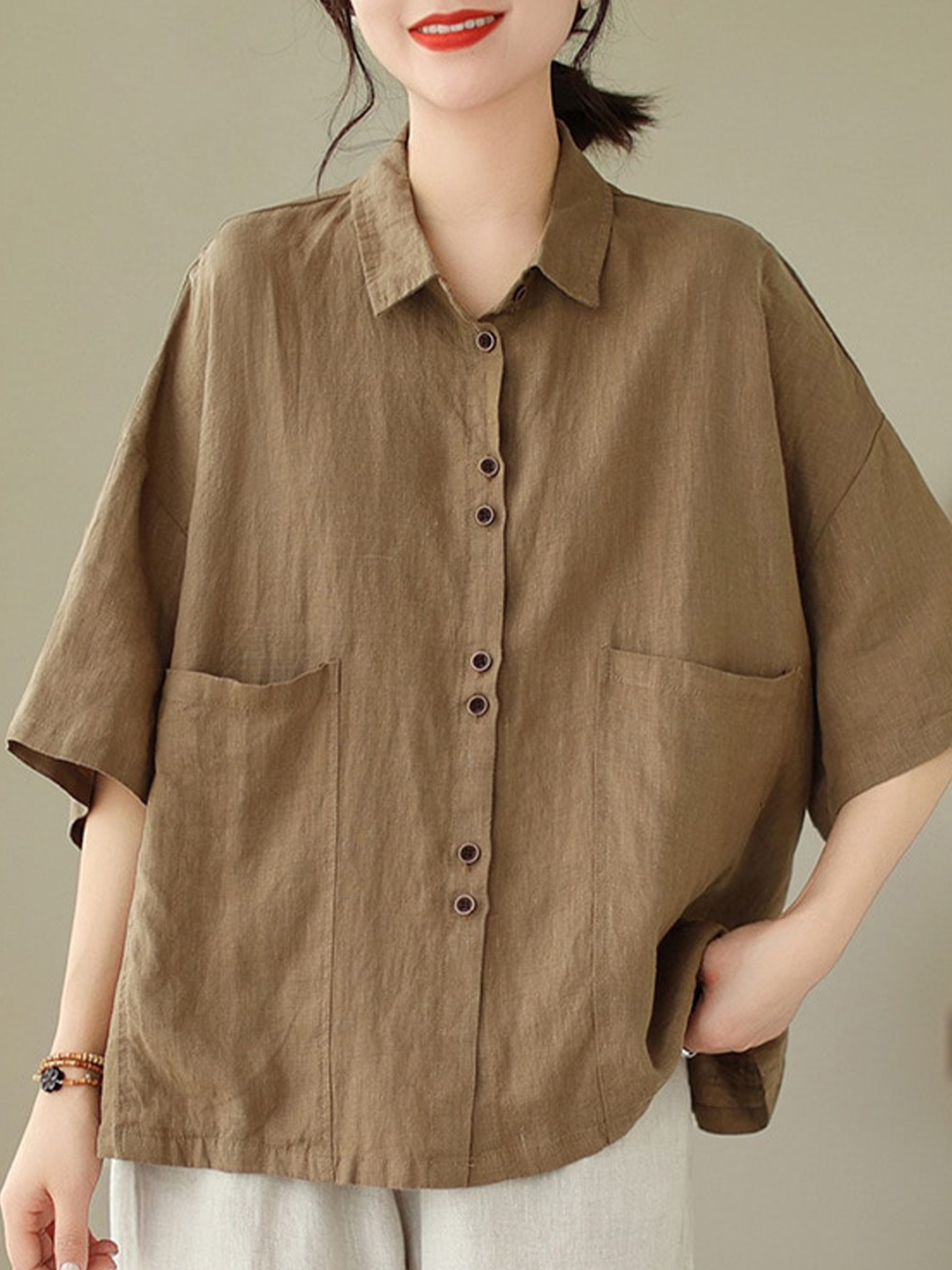 

StyleCast Brown Shirt Collar Drop Shoulder Cotton Casual Shirt