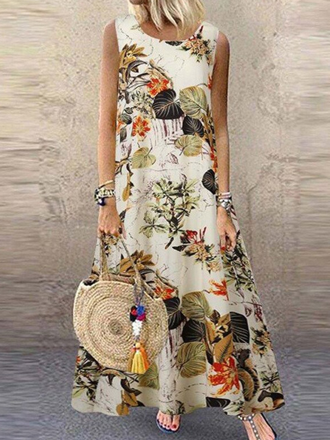 

StyleCast White & Orange Floral Print Sleeveless Cotton Maxi Dress