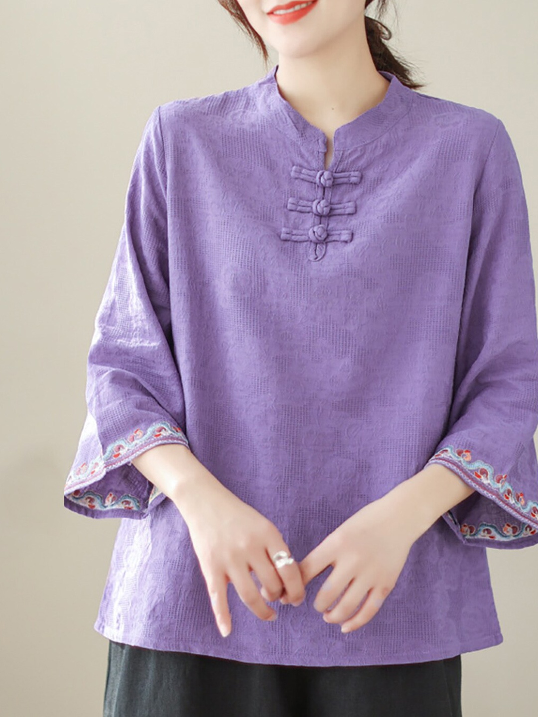 

StyleCast Purple Self Design Mandarin Collar Cotton Shirt