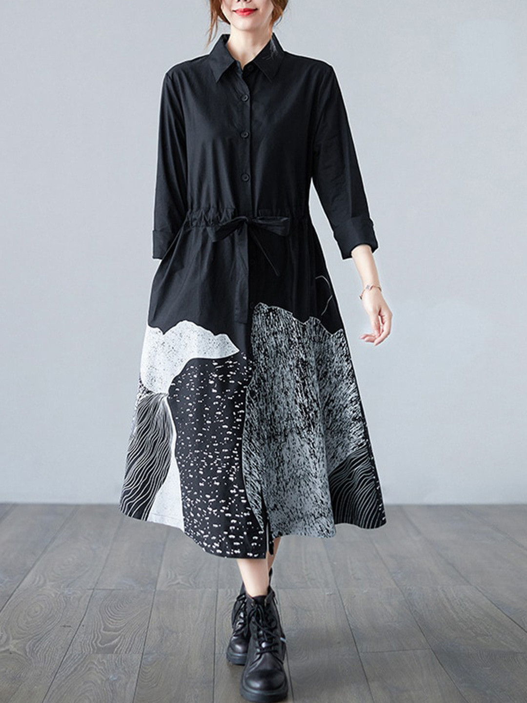 

StyleCast Black Abstract Printed Cotton Shirt Midi Dress