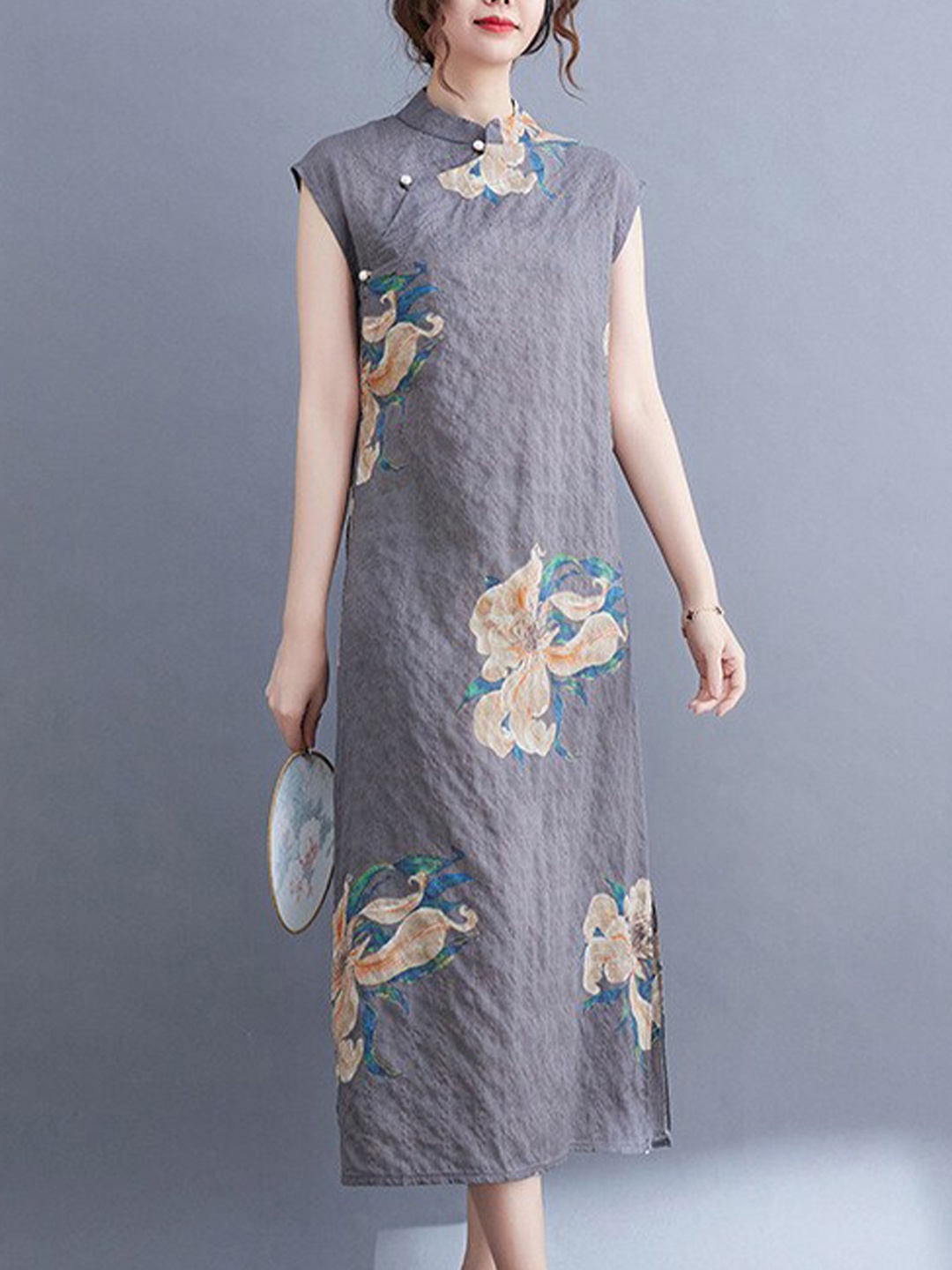 

StyleCast Grey Floral Printed Mandarin Collar Cap Sleeves A-Line Midi Dress