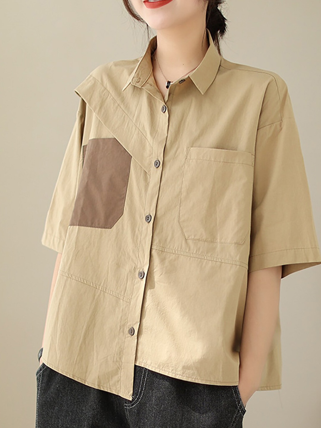 

StyleCast Brown Spread Collar Drop-Shoulder Sleeves Cotton Shirt