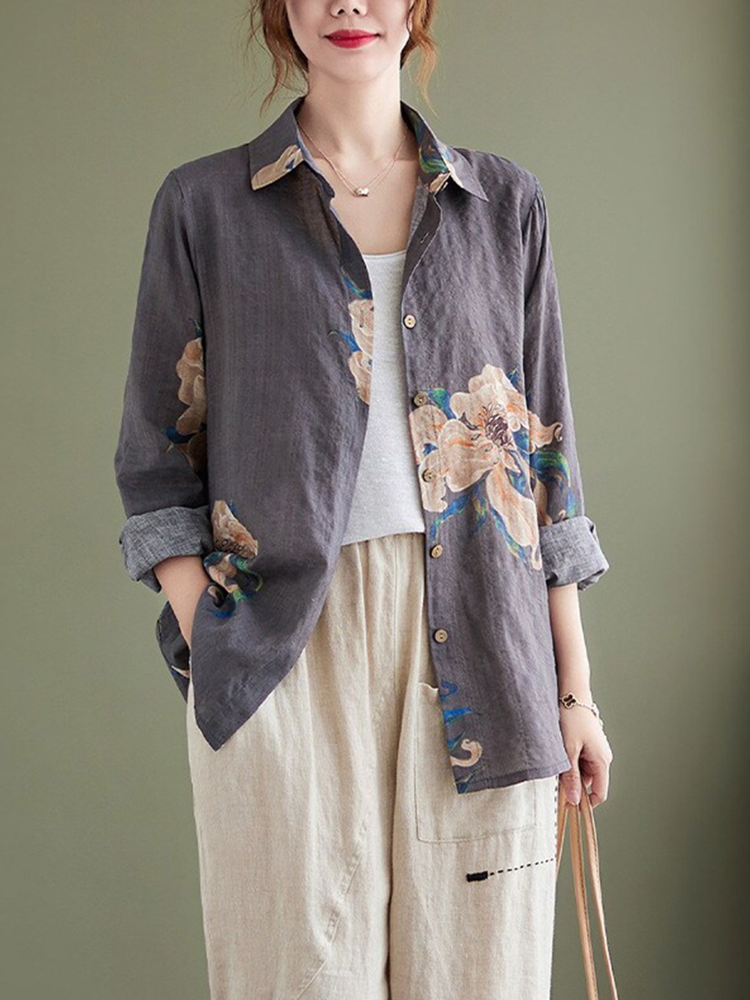 

StyleCast Grey Floral Printed Spread Collar Cotton Casual Shirt