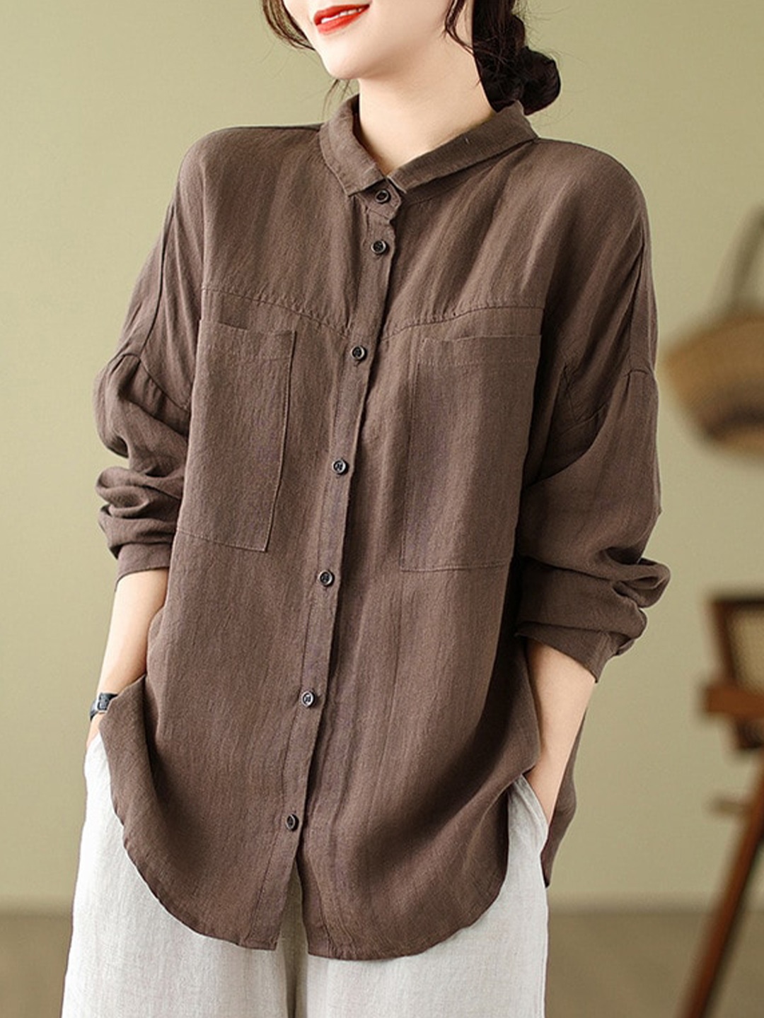 

StyleCast Brown Shirt Collar Drop Shoulder Cotton Casual Shirt